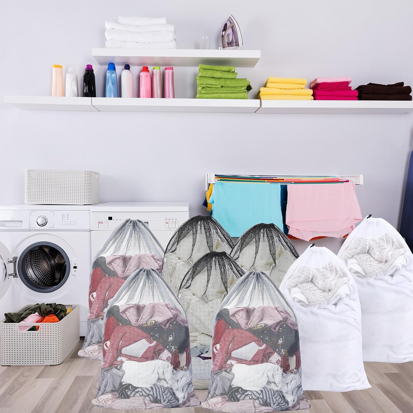 Berlune 30 Pack 24 x 36 Inches Large Mesh Bags for Laundry, Wash bags, Sturdy Mesh Material Closed with Drawstring, Factory, University, Dormitory, Travel and Apartment Dweller (White, Black, Gray)