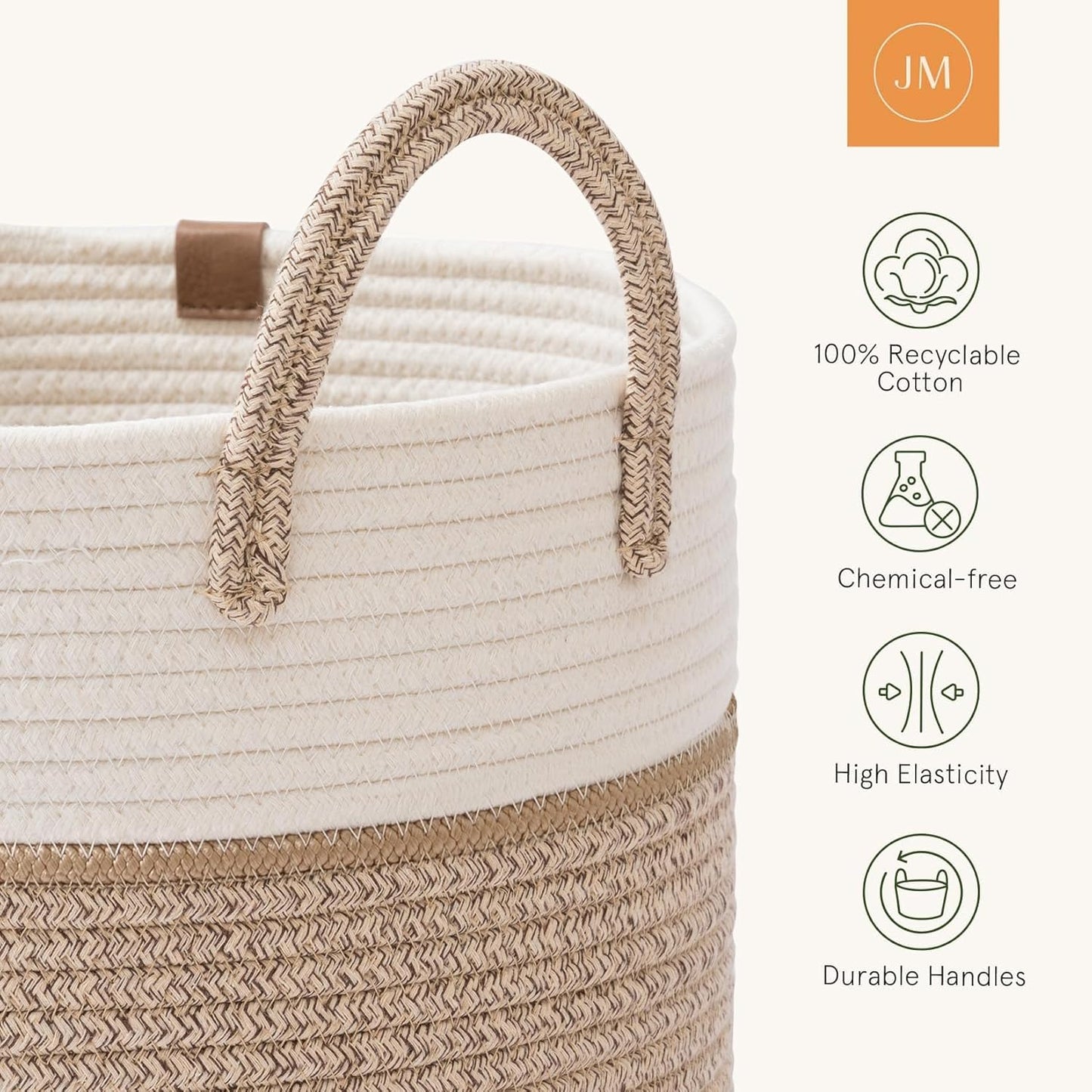 LA JOLIE MUSE Woven Basket Rope Storage Baskets - Tall Cotton Basket, Laundry Basket for Blanket, Kids Toy, Nursery Clothes Hamper Basket-L