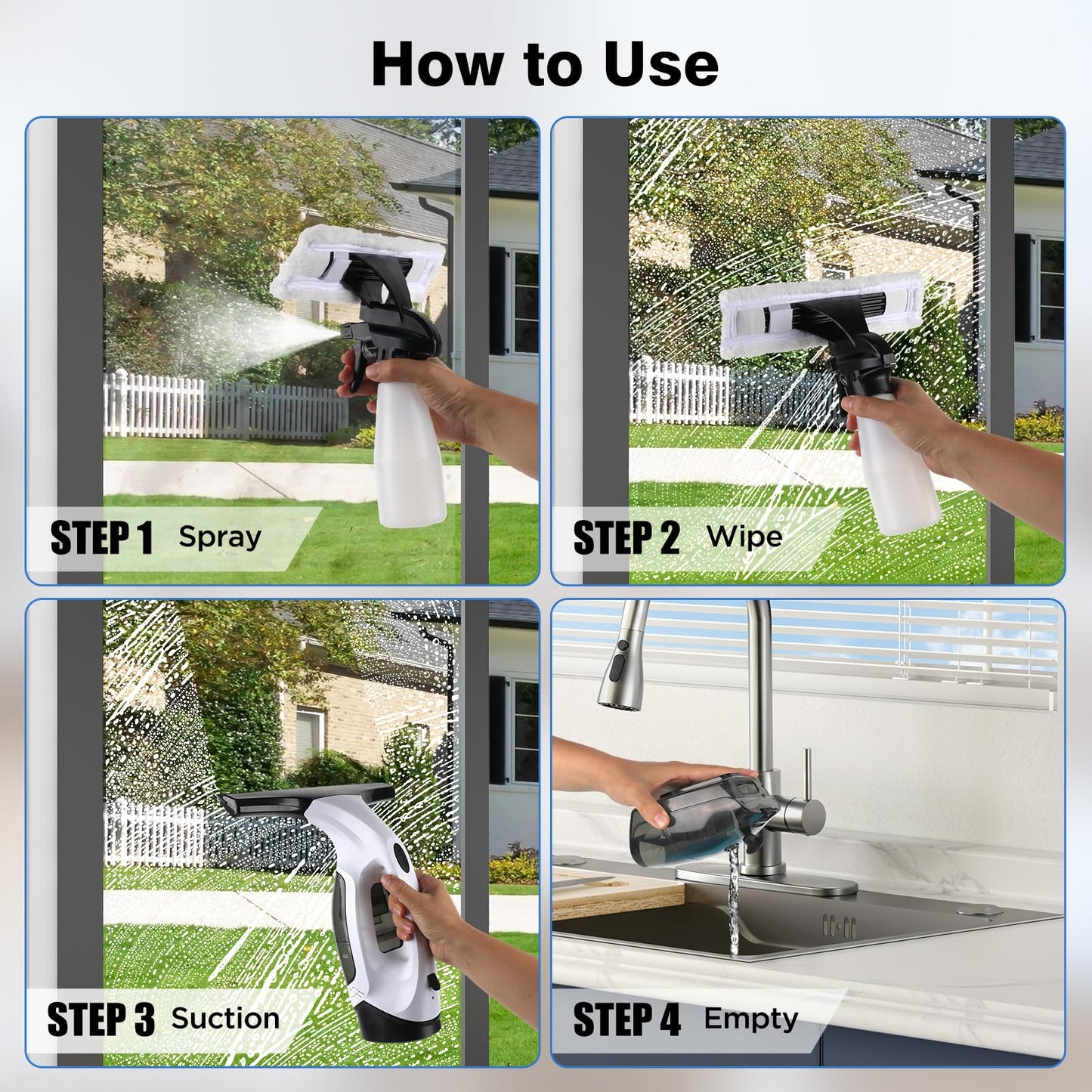 ZRHI Window Vacuum Squeegee Cordless, 2000Pa Electric Window Cleaner Tool with 2200mAh & 150ml