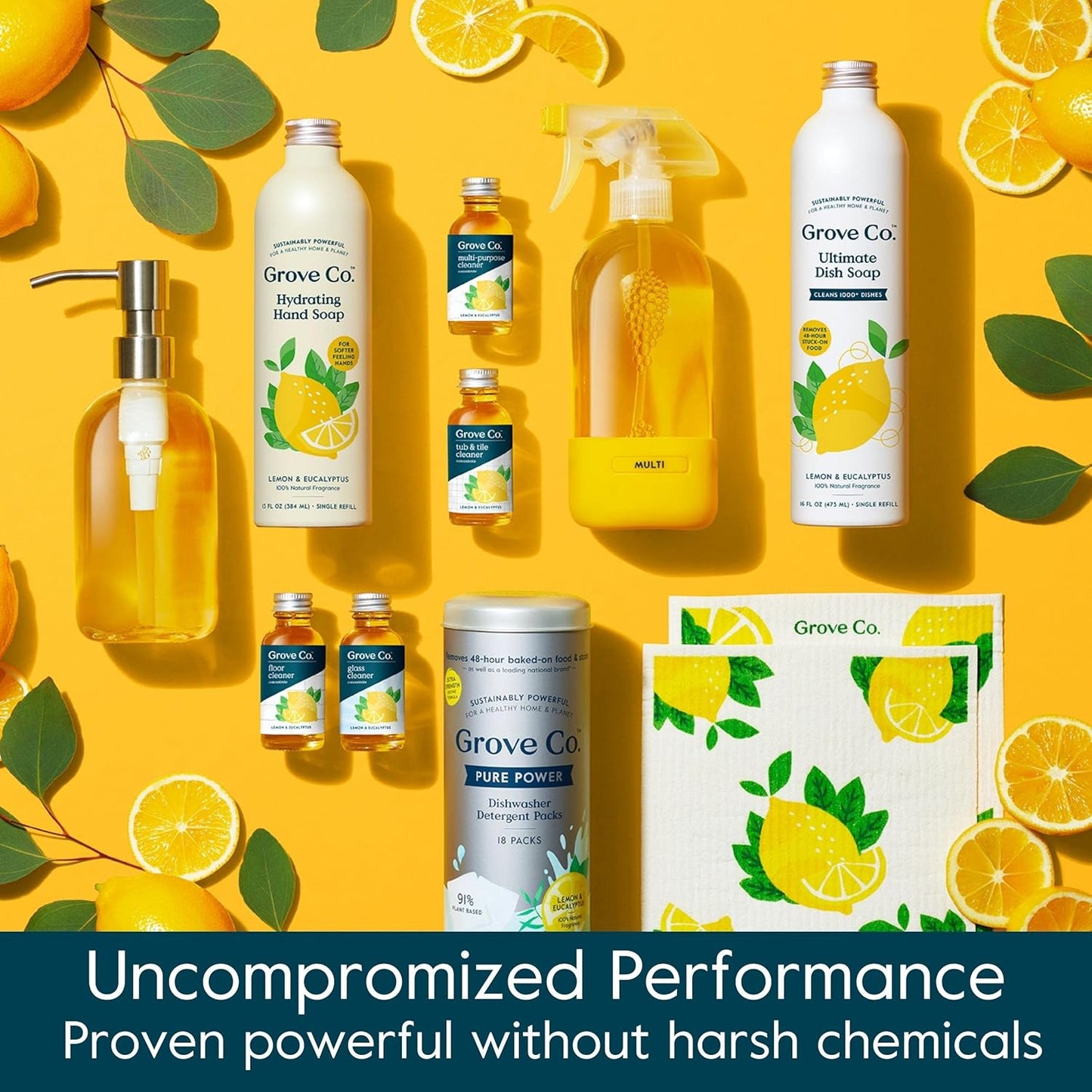 Grove Co. Tub and Tile Cleaner Refill Concentrate (2 x 1 Fl Oz) + 1 x Reusable Glass Spray Bottle (16 Oz) Plant-Based Cleaning Supplies Bundle, No Plastic Waste, Lemon & Eucalyptus Scent