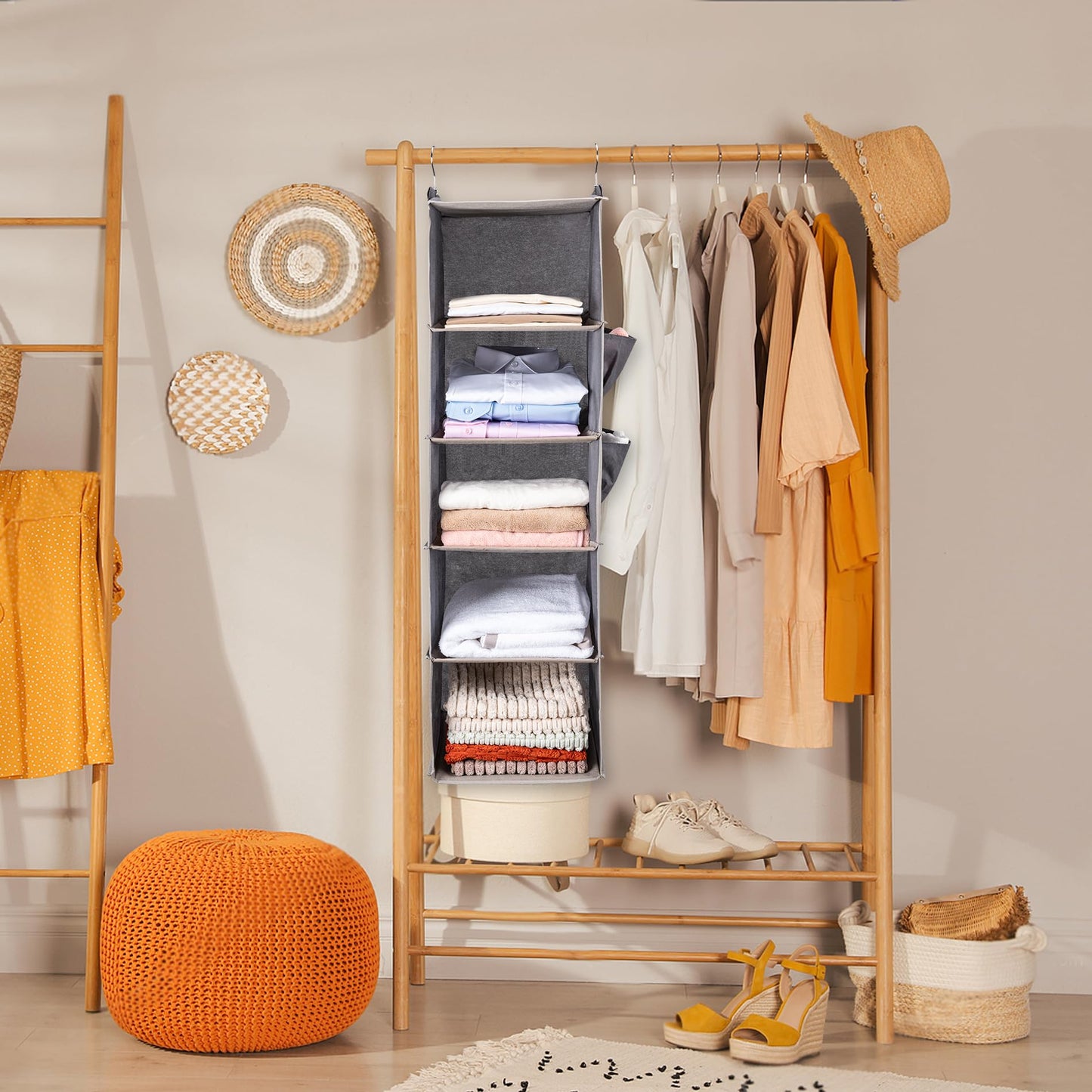BOOMIBOO Hanging Closet Organize and Shelves,5-Hanging Shelf with 2 Side Pockets,Storage Foldable