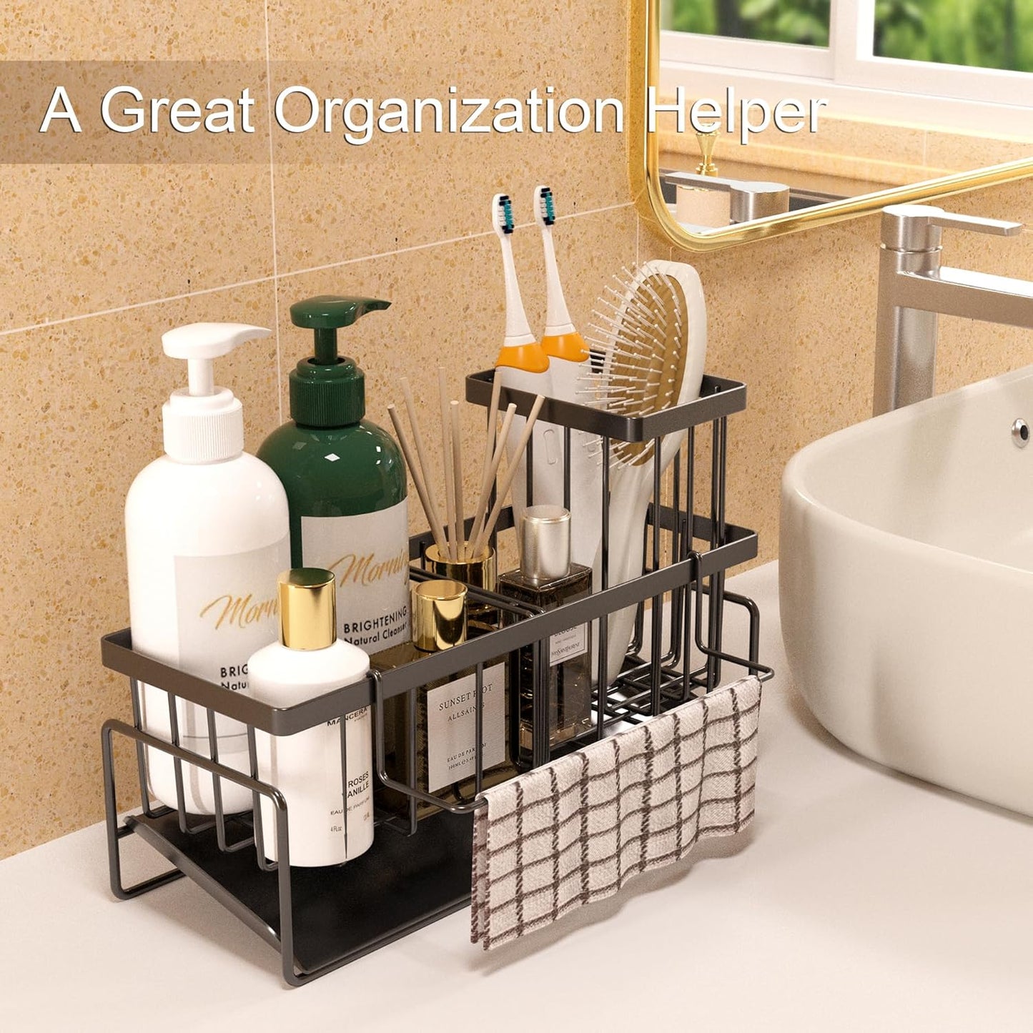 Kitchen Sink Caddy Organizer – Rustproof Sponge Holder with Drainage, Space-Saving Sink Organizer for Countertop Storage, Kitchen Accessories & Décor