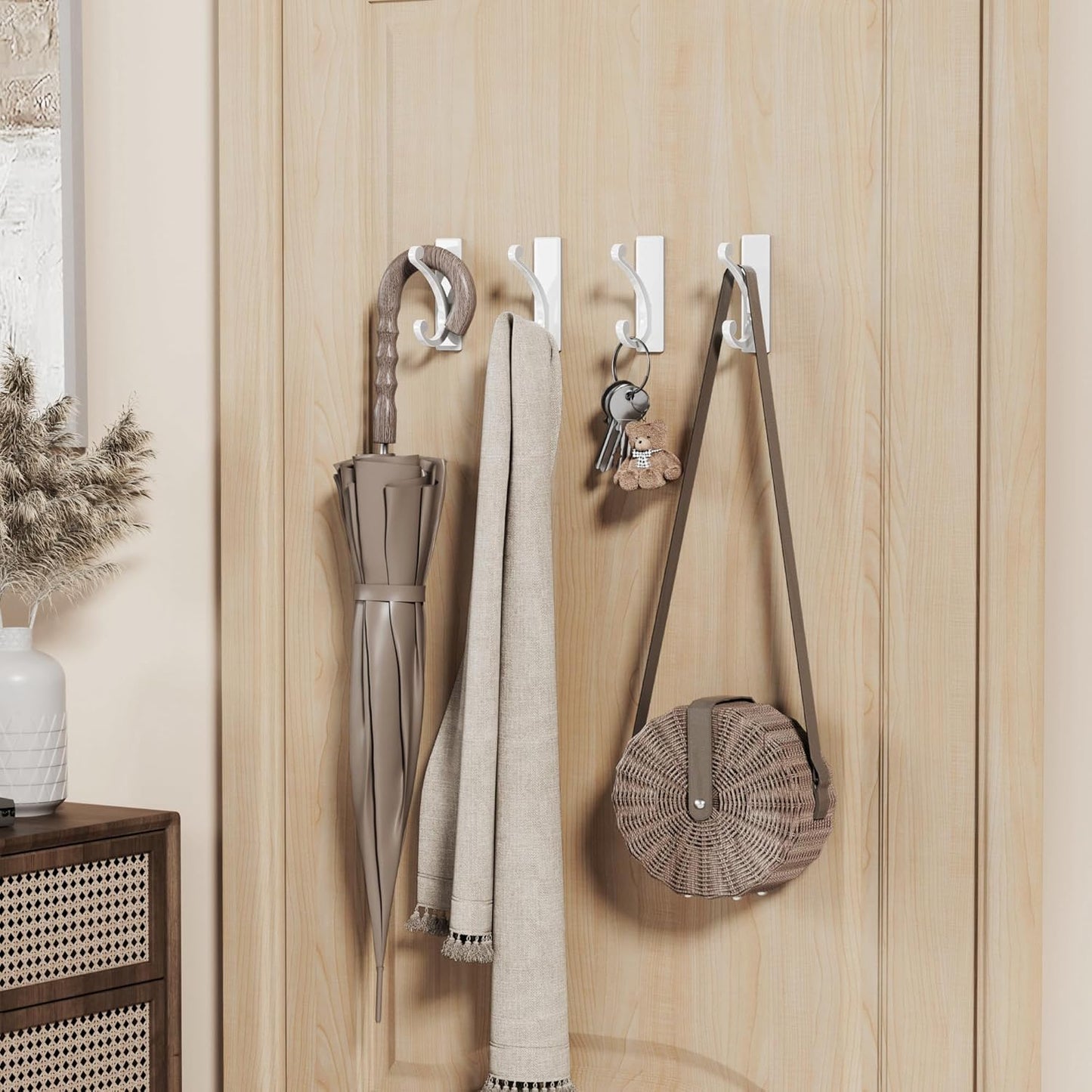 Adhesive Wall Hook for Towel/Coat - Extra Sticky 10LB Stainless, Stick on Hanger for Bath or Shower, White 8-Pack