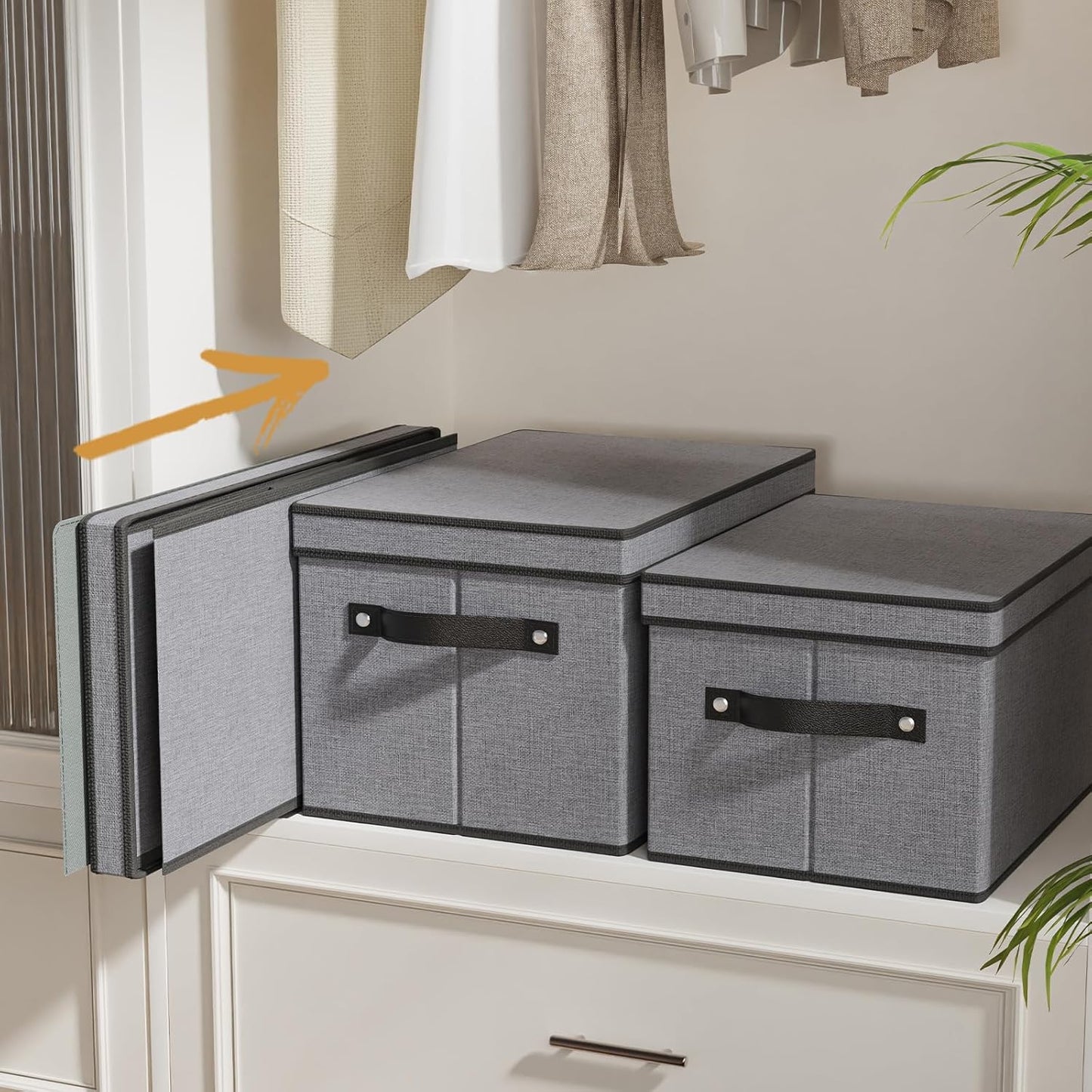 Fabric Storage Boxes, 7.1 x 9.1 x 13 Inch Baskets for Shelves with Lids, Wardrobe Organiser with Handles, Decorative Linen Closet Organizer Bins, Gray, 3 Pack