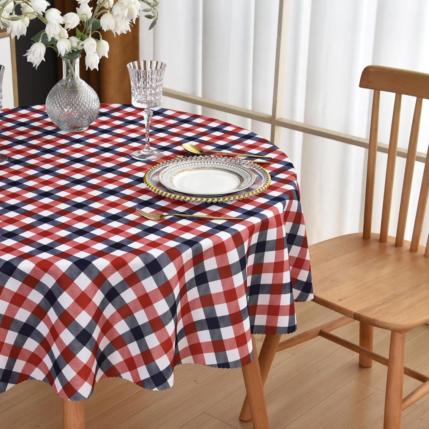 Waterproof Plaid Tablecloth Fabric - Round 50 Inch Classic Gingham Checker Table Cloth for Indoor/Outdoor Use - Buffalo Table Cover for Picnics, BBQs, and Parties