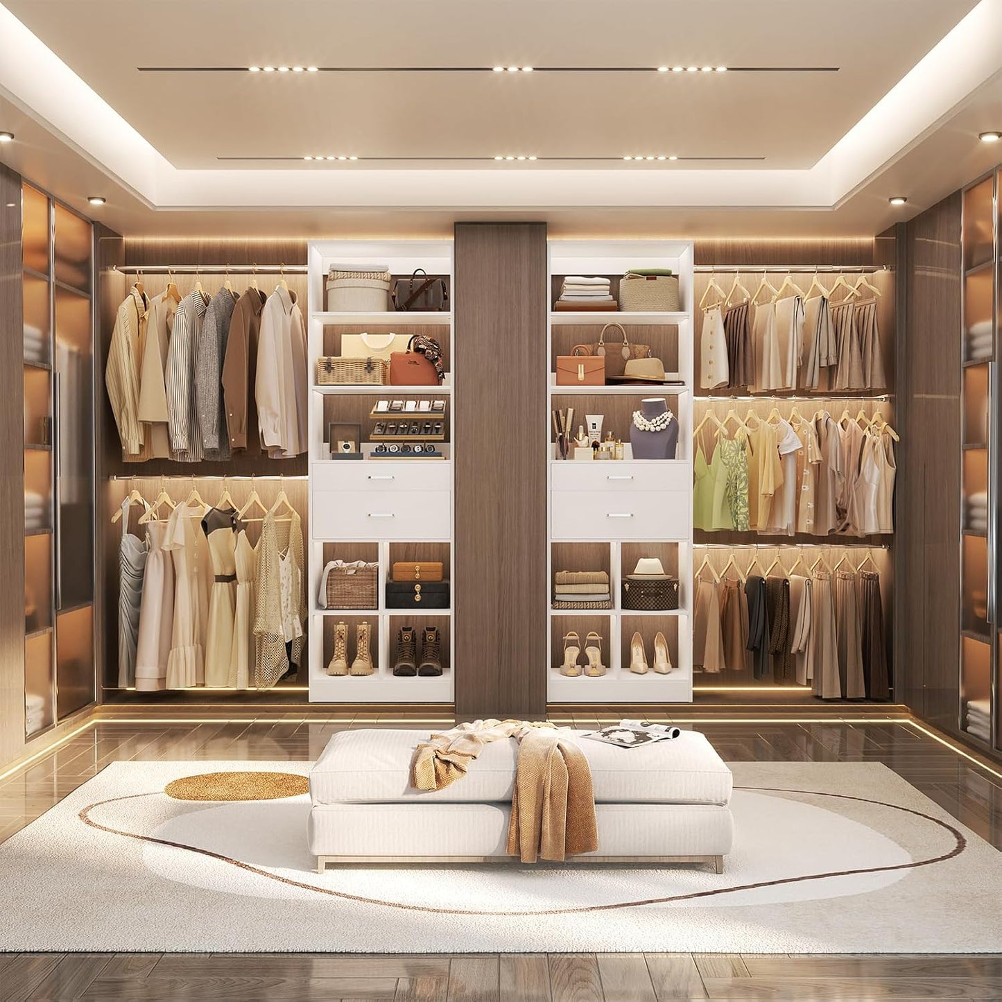 Closet System, 4-8 FT Closet Organizer Tower with 2 Wooden Drawers and Shelves, Can Fit 60 to 96 inch Walk-in Closet System with 5 Hanging Rods, Built-in, White