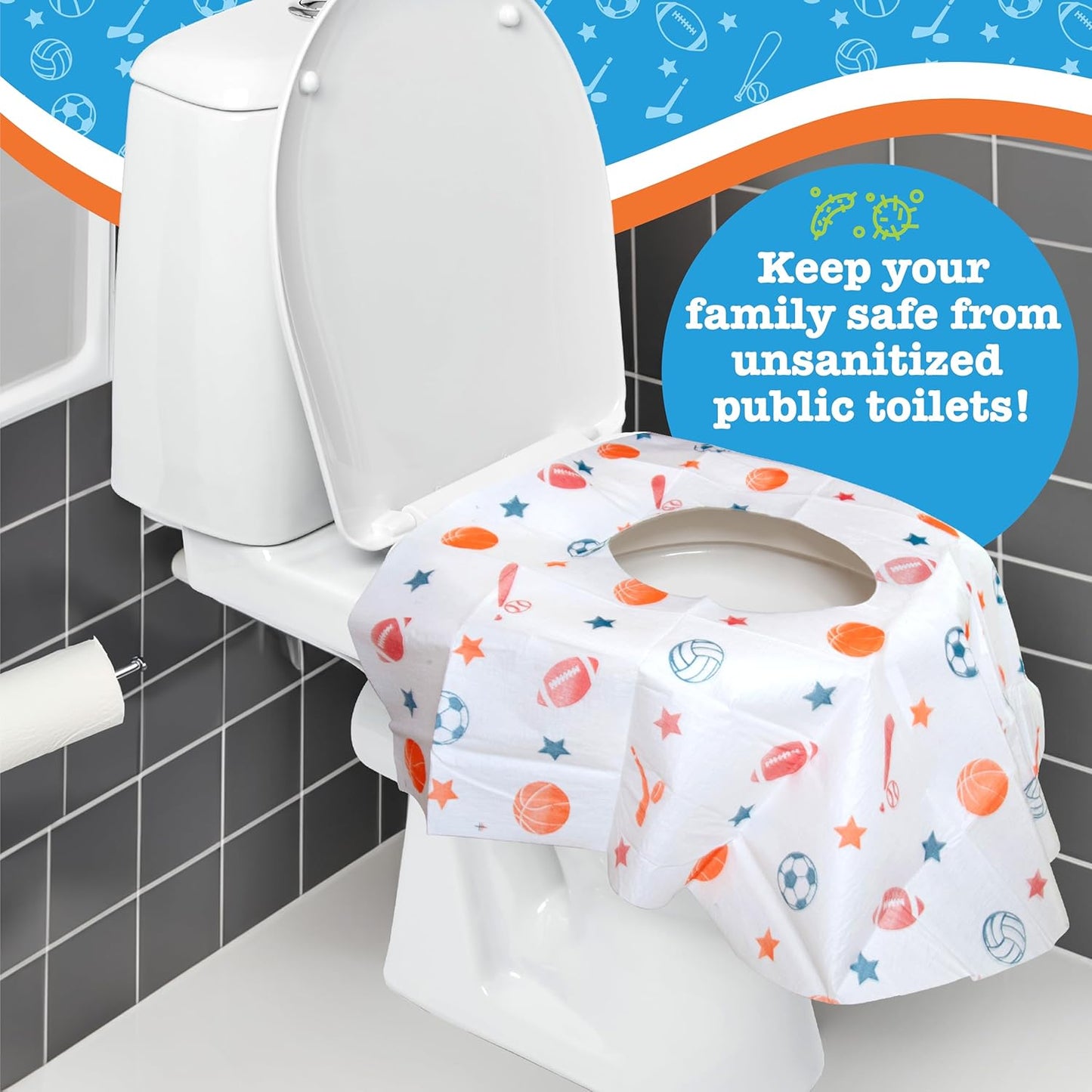 Toilet Seat Covers Disposable (20 Pack, Sports) - XL Waterproof Toilet Cover for Toddlers, Kids & Adults - Portable & Individually Wrapped for Travel, Potty Training & Public Restrooms