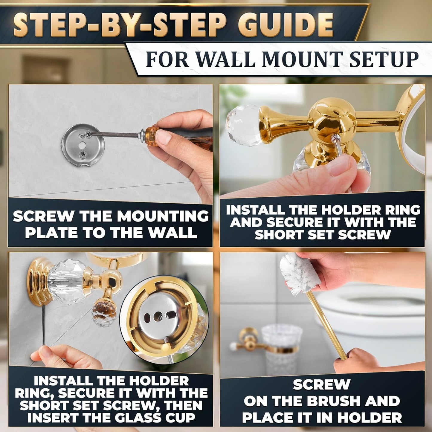 Gold Stainless Steel Toilet Brush with Crystal Toilet Brush Holder Set – Wall Mounted Holder, Replaceable Head, Decorative Space-Saving Design Bathroom Toilet Accessory Elegant Toilet Bowl Cleaner Set