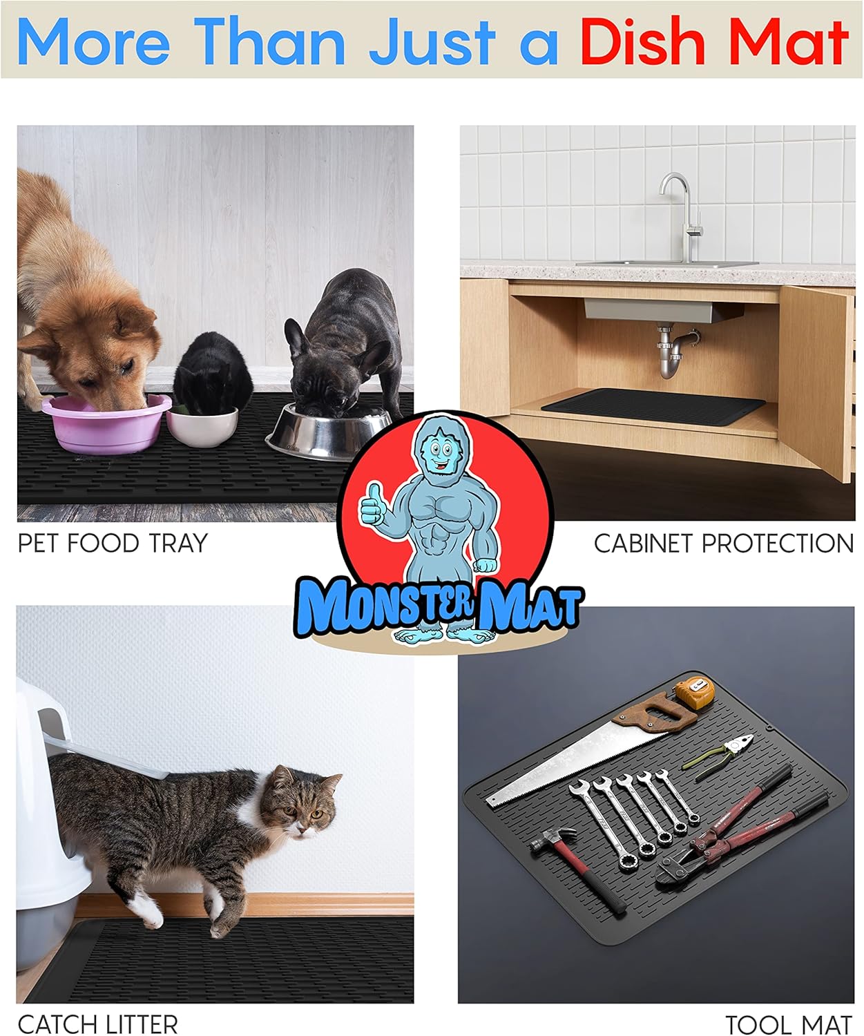 Extra Large (30 inch by 24 inch) heavy duty silicone dish drying mat for kitchen counters by MonsterMat (Black, XL - 30"x24")