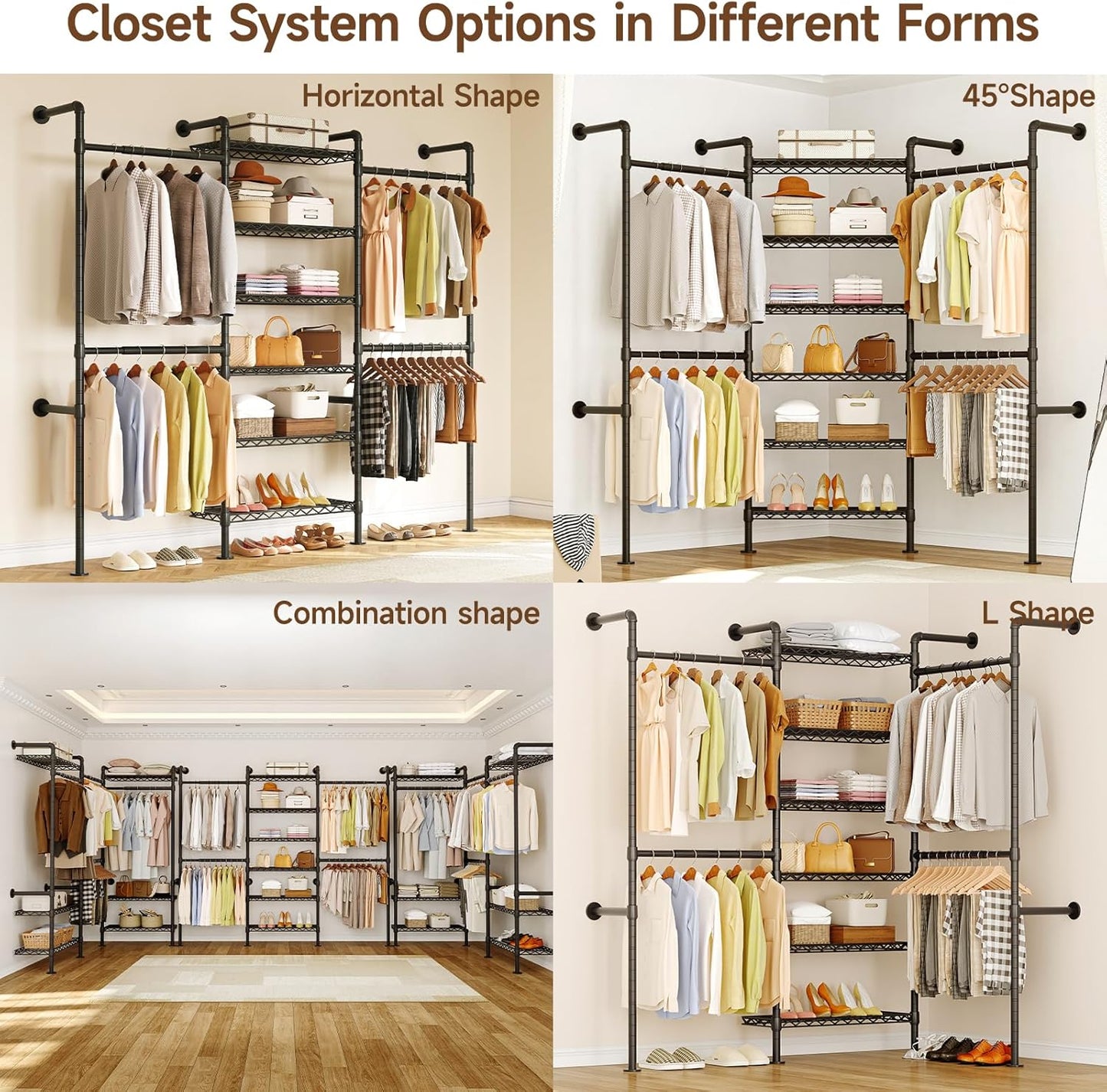 ONBRILL H3 Wall Mounted Closet System, Expandable Industrial Pipe Clothes Rack Clothing Rack for Hanging Clothes, Heavy Duty Closet Organizers and Storage in Wardrobe Closet, Black