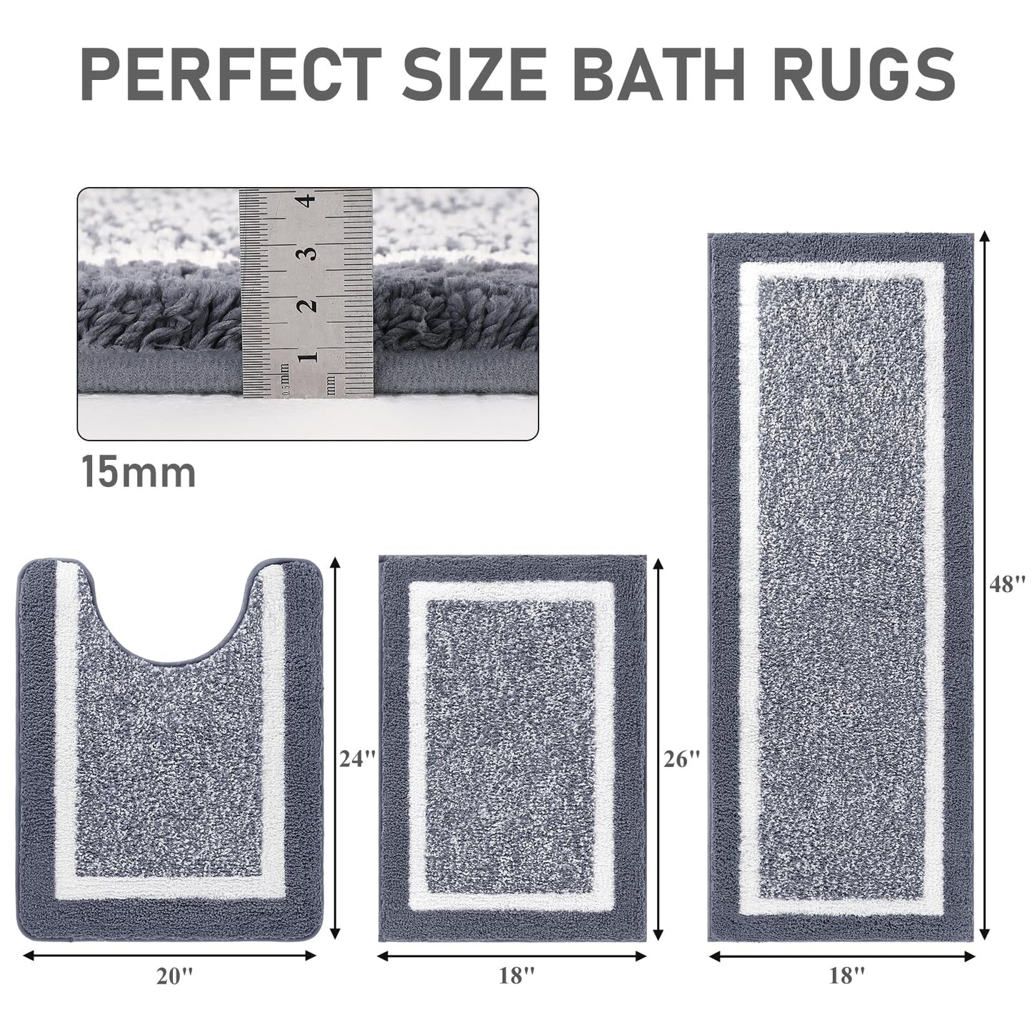 Pauwer Bathroom Rugs 3 Piece Set, Non Slip Washable Bath Mat, Dark Grey