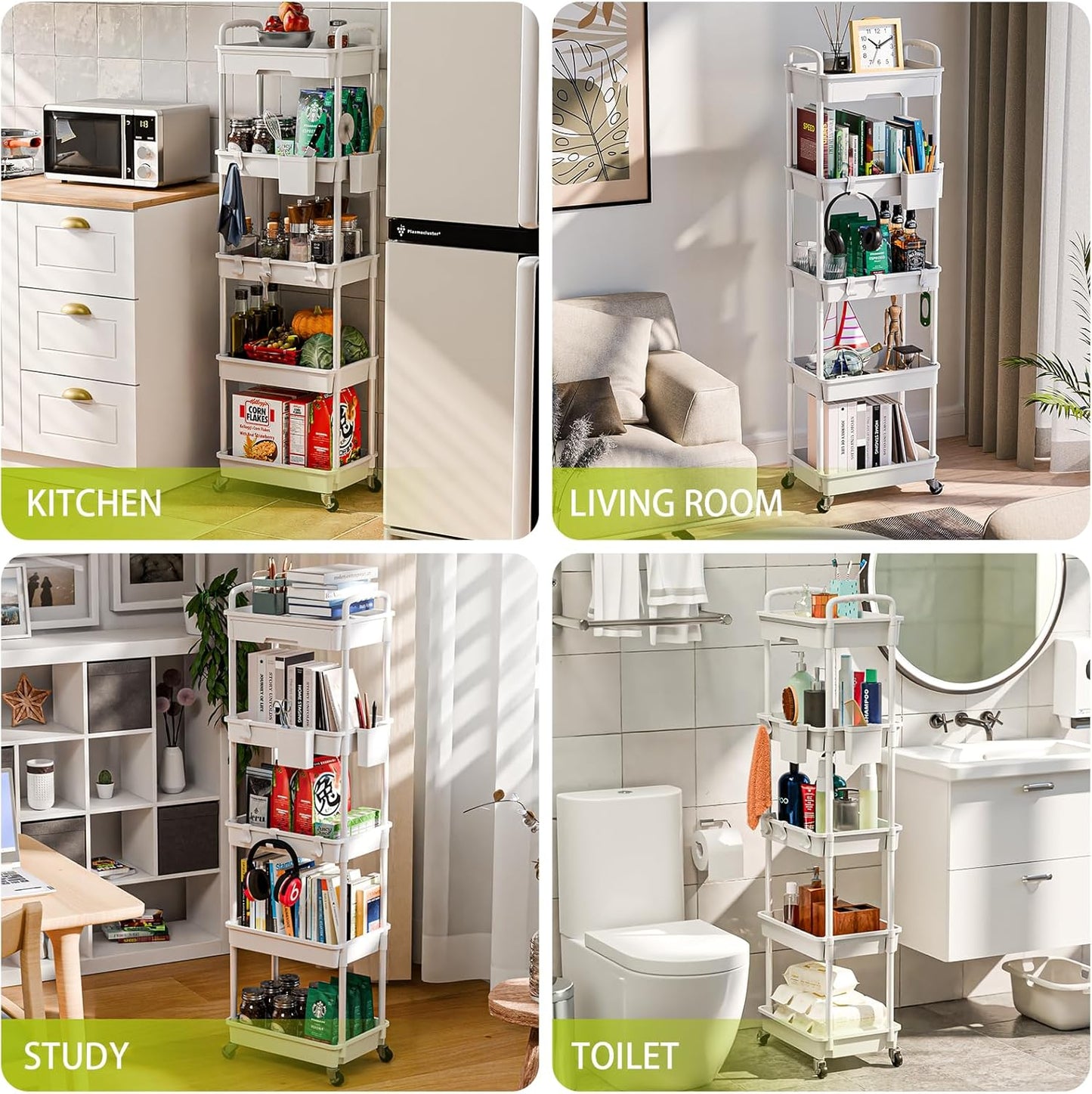 5 Tier Rolling Cart Organizer,Bathroom Cart Organizers with Wheels Laundry Room Organization Mobile Shelving Unit Utility Cart Storage Shelves Multi-Functional for Office, Home(White)