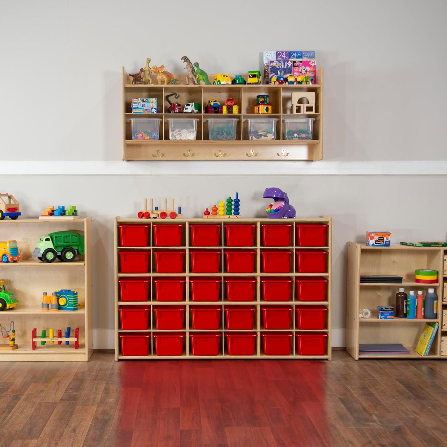 Wood Designs Cubby Storage Bin, Heavy Duty Plastic Containers for Kids Red Cubby Tray Set of 25
