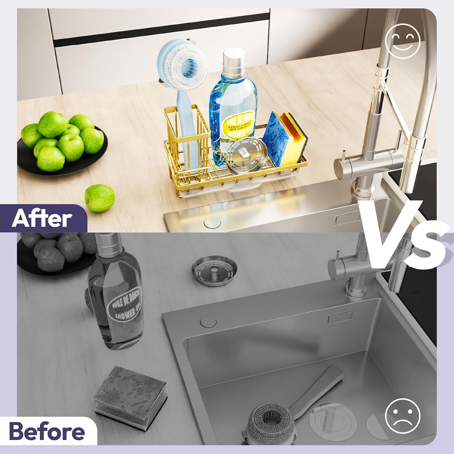 SWTYMIKI Sink Caddy Kitchen Sink Organizer with Detachable Brush Holder, Stainless Steel Sponge Holder with Removable Drip Tray Sponge Caddy for Kitchen Countertop, Gold