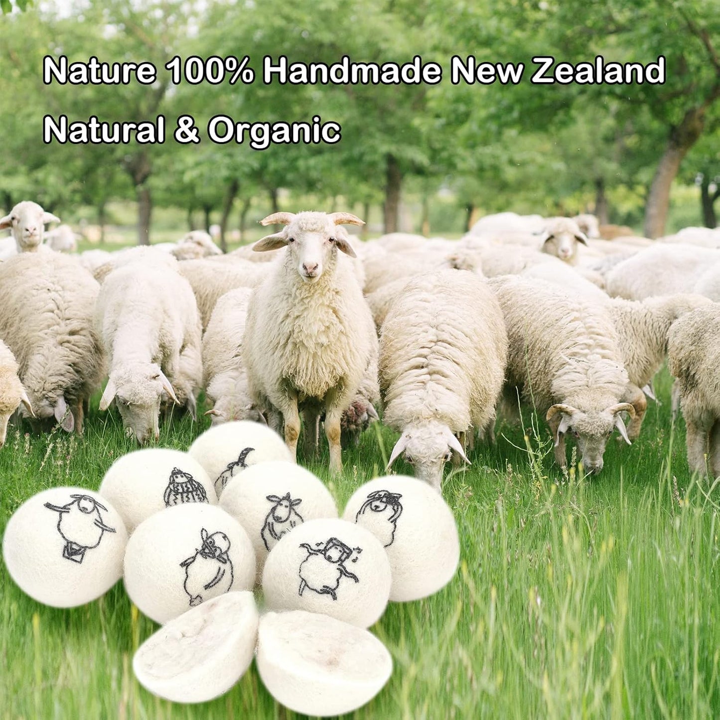 Wool Dryer Balls, 8PCS Dryer Balls with Happy Sheep - Natural & Organic, 100% New Zealand Wool Handmade, Chemical-Free Reusable Laundry Balls, Anti-Static Reduce Wrinkles and Save Time