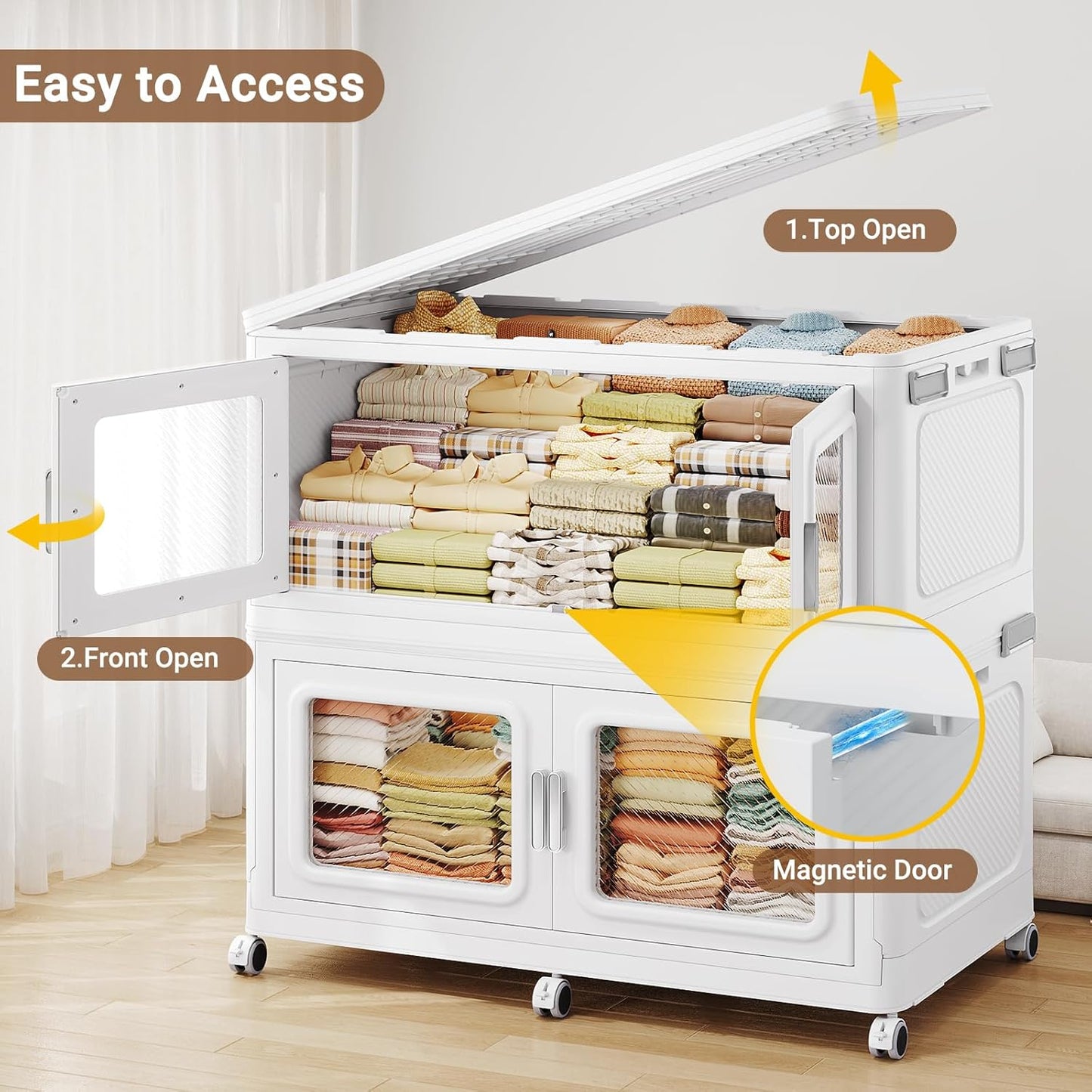 BROVIEW 880 Qt Stackable Storage Bin with Lids, 220Gal Extra Large Collapsible Storage Boxes, Folding Plastic Drawer, Heavy-Duty Store Cabinet, Closet Organizer for Home Kitchen, 4 Pack White