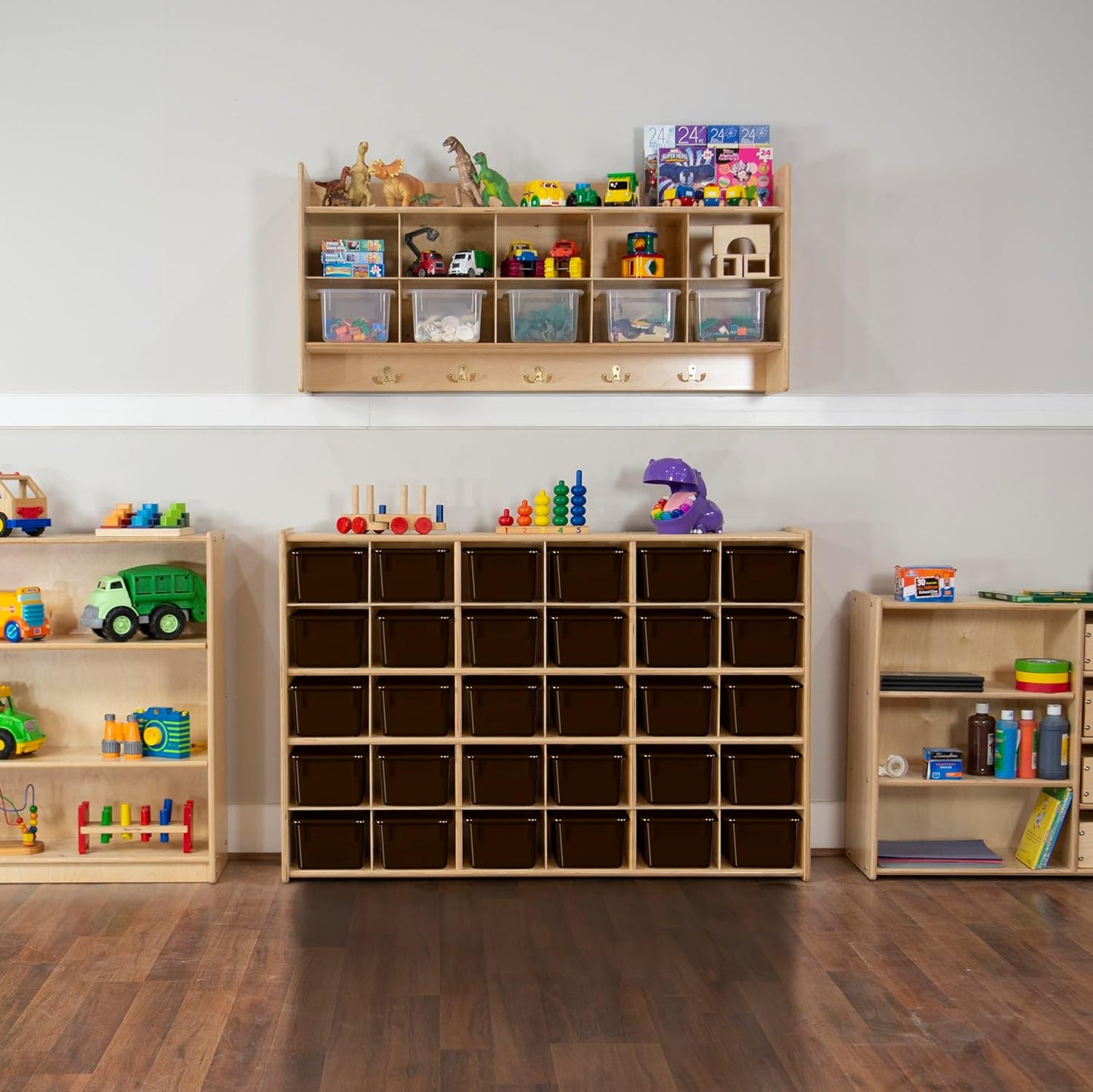 Wood Designs Cubby Storage Bin, Heavy Duty Plastic Containers for Kids Brown Cubby Tray Set of 12