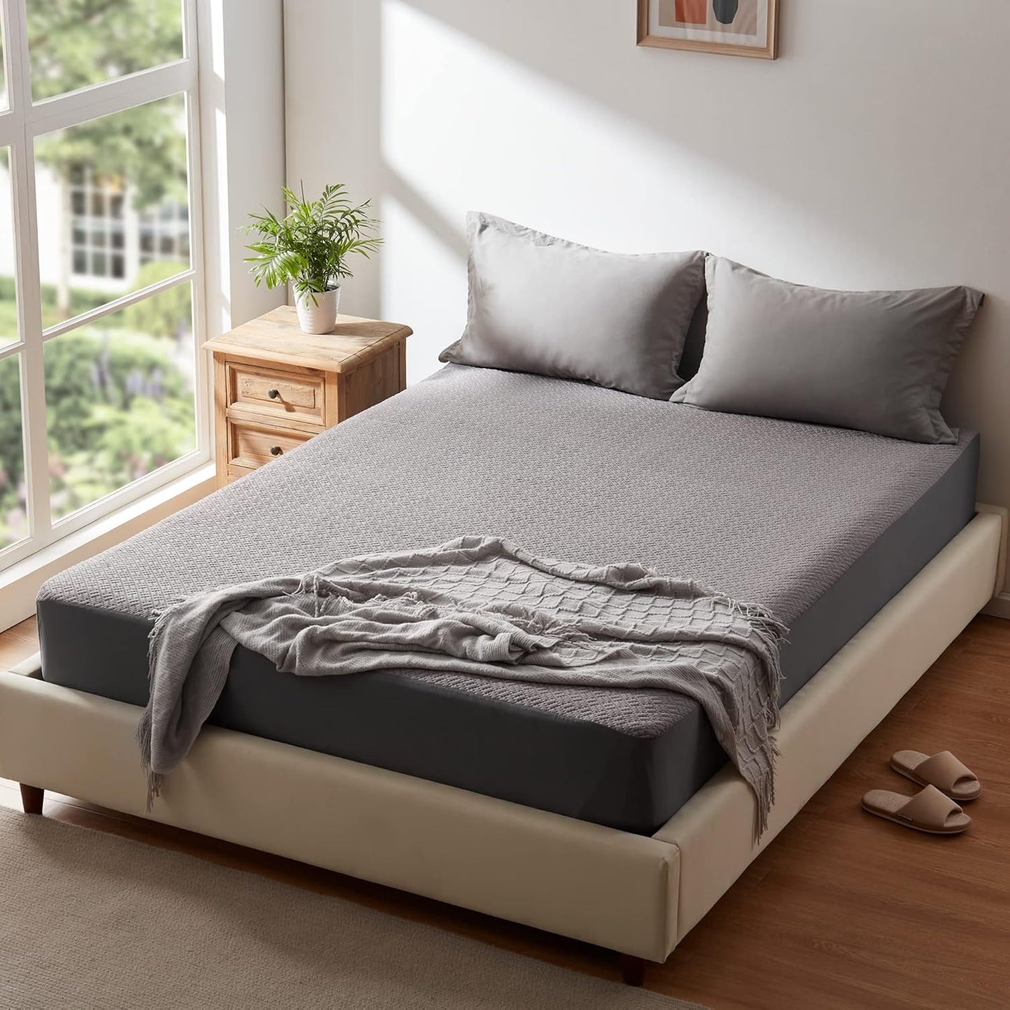 Hanherry 100% Waterproof Queen Size Mattress Protector, Grey, Rayon Made from Bamboo Terry Surface, 3D Air Fabric, 16 inch Deep Pocket, Cooling, Noiseless, Smooth, Breathable, Fits 21 inches