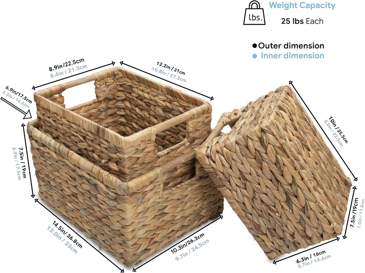 Water Hyacinth Storage Baskets with Wooden Handles, Rectangular Woven Organizer Bins for Closet, Pantry, Bathroom, or Shelves, Natural Decorative Storage Baskets for Home Organization – Set of 3