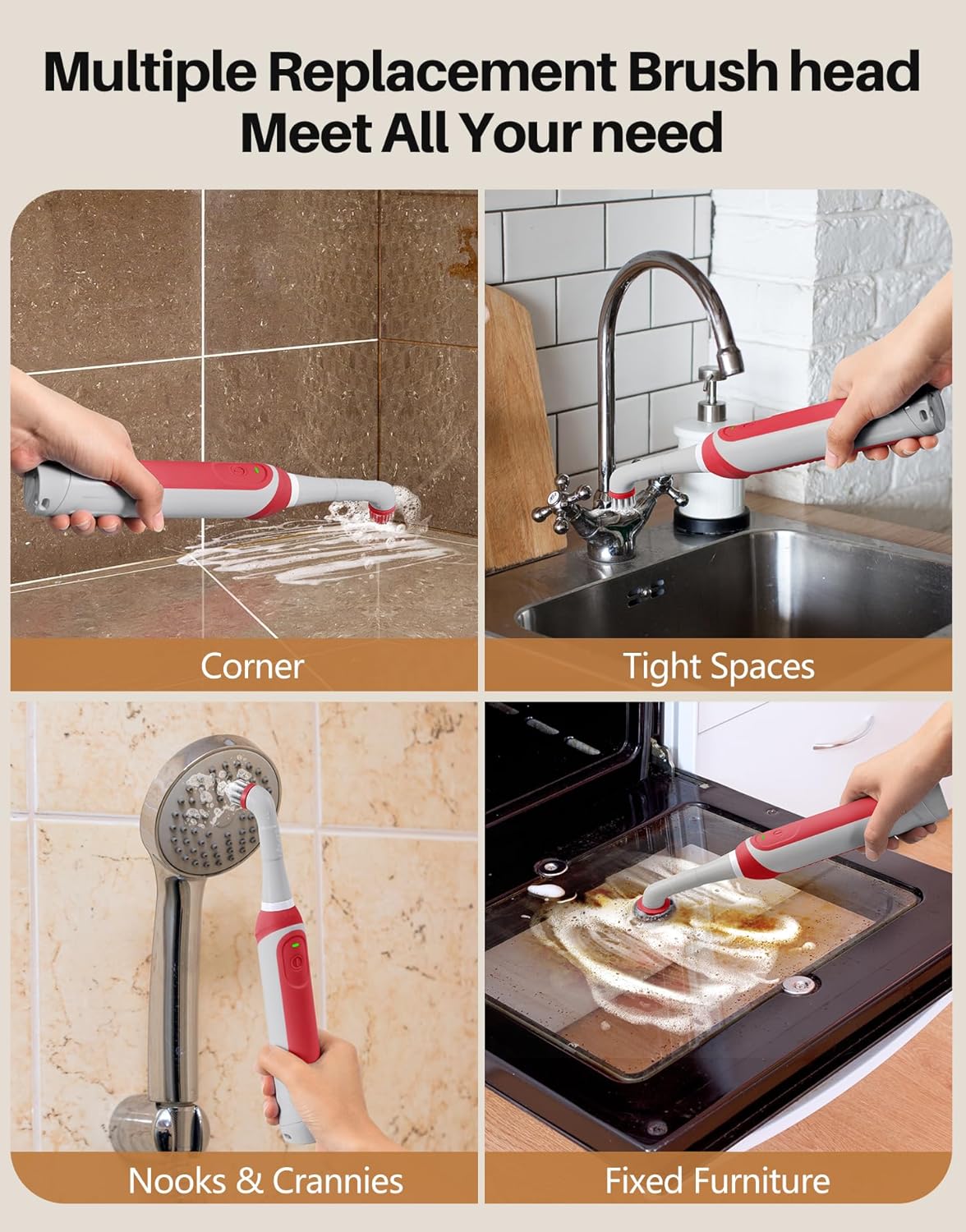 kHelfer Rechargeable Electric Grout Brush with Built-in Battery, Upgraded Stainless Steel Wire Power Brush & IPX7 Waterproof, Cordless Cleaning Brush & 5 Replacement Heads for Tile Grout Crevice