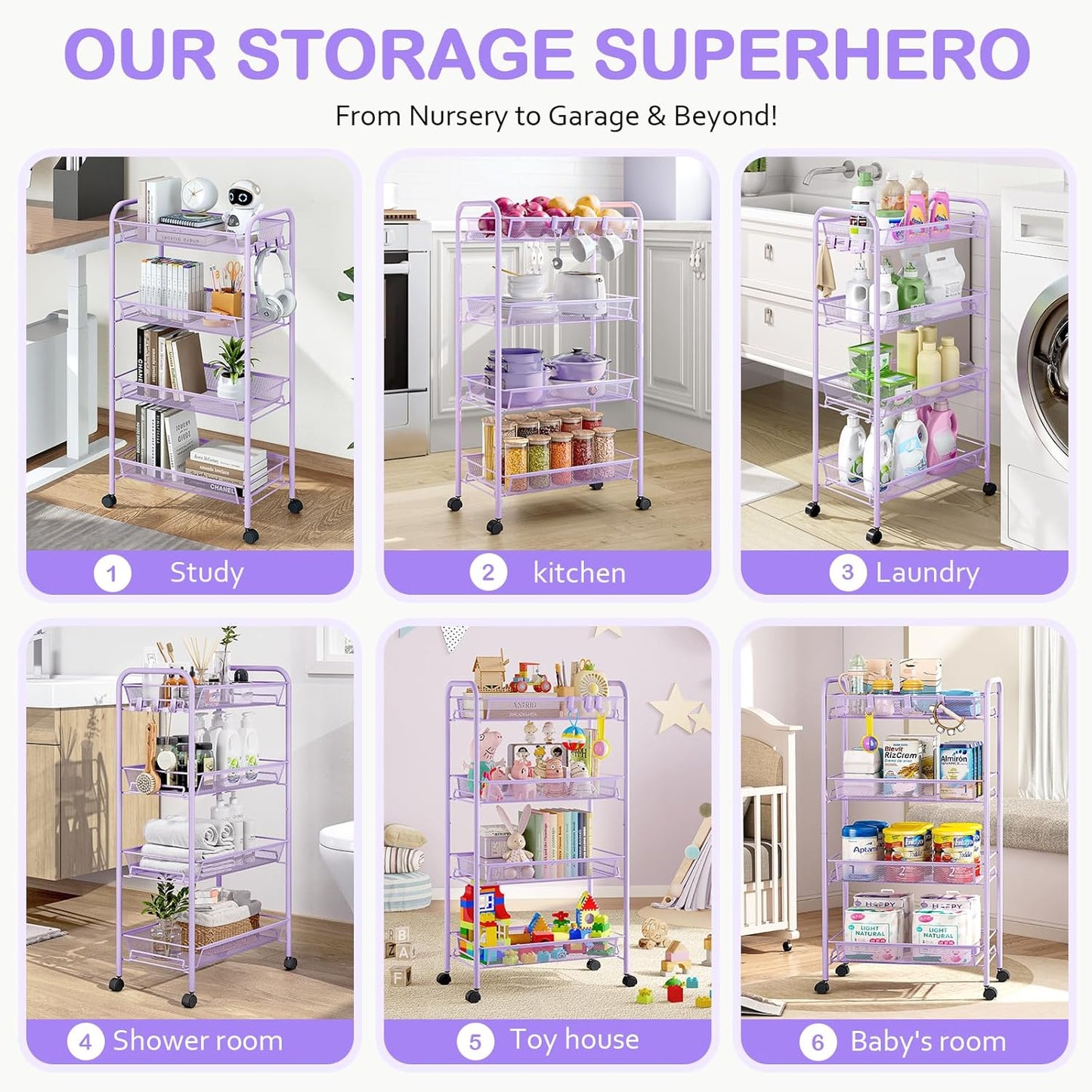 TOOLF 4-Tier Rolling Cart, Metal Utility Cart with 3 Hooks, Easy Assemble Mobile Storage Trolley On Wheels, Metal Shelving Units Kitchen Bathroom Laundry Room