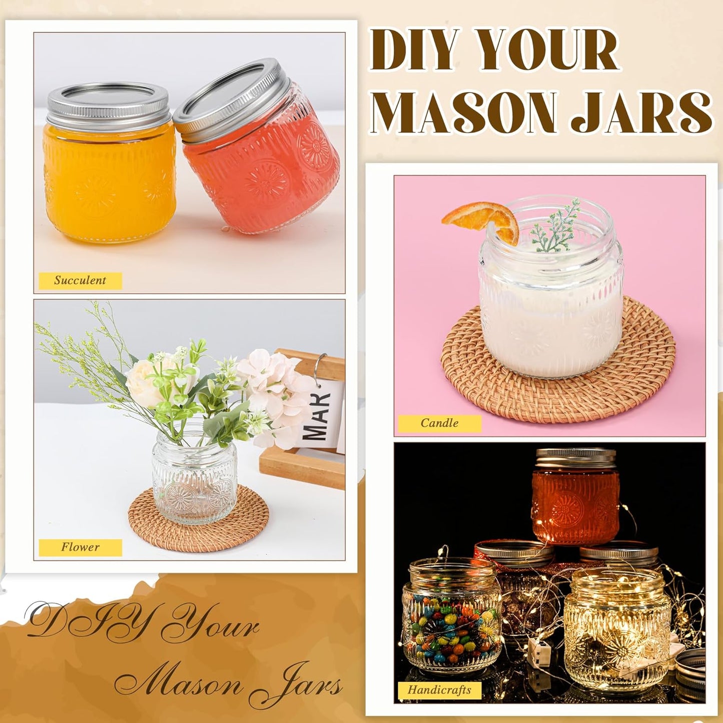 Mason Jars 8 oz - Vintage Small Glass Mason Jars with Silver Metal Lids, Regular Mouth Canning Jars, Safe For Storage, Canning, Pickling, Preserving, Fermenting, DIY Crafts & Decor (6Pack)