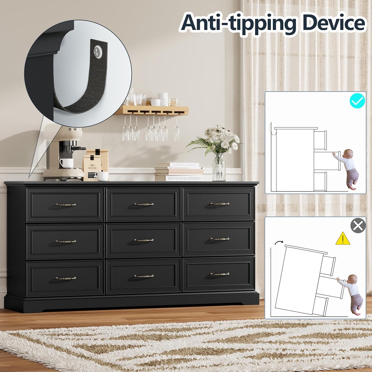 9 Drawer Dresser for Bedroom, 63" Wide Wooden Chest of Drawers, Rustic Farmhouse Dresser with Large Drawers & Metal Handles, Modern Storage Organizer for Closet, Living Room, Hallway, Black