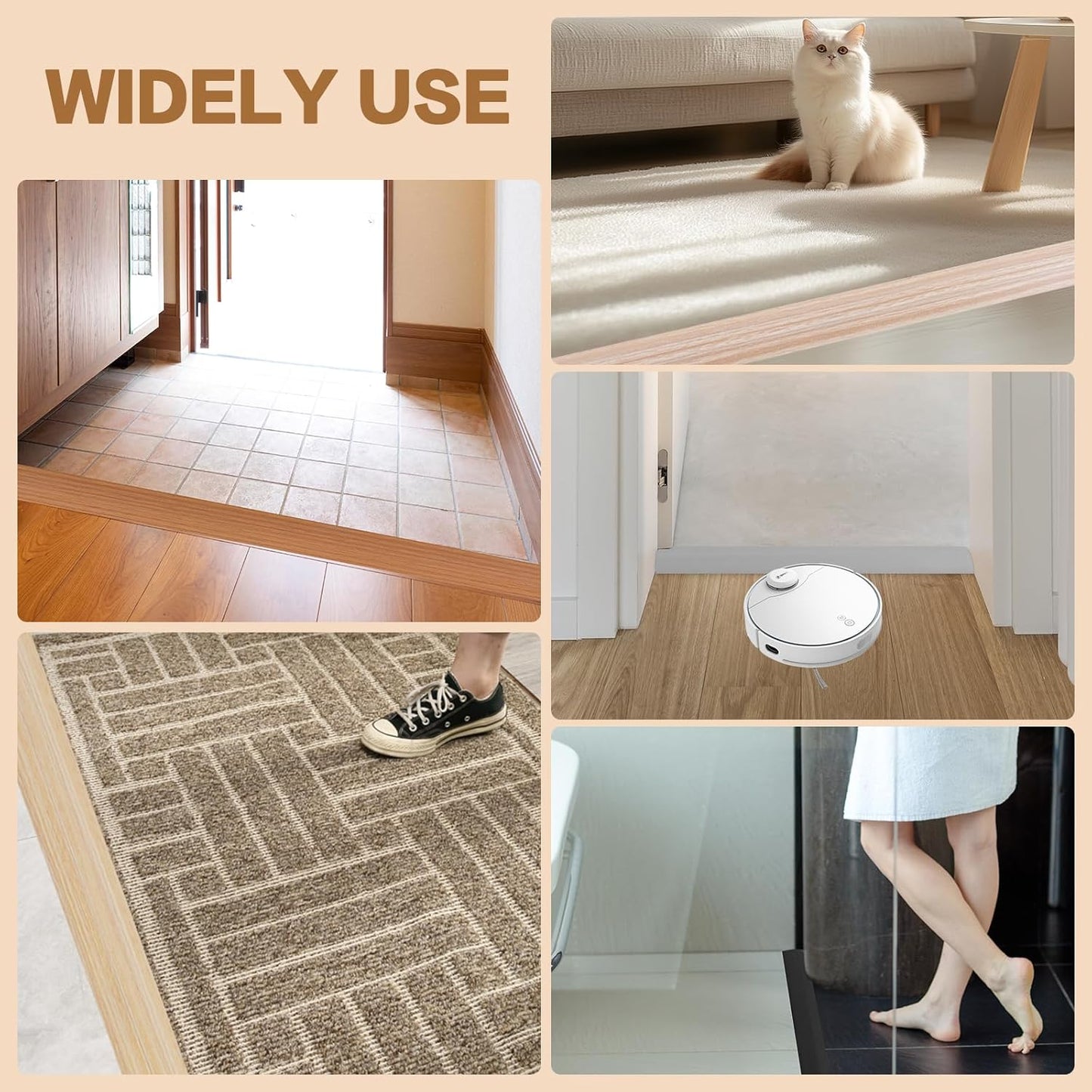 Floor Transition Strip Vinyl Door Threshold Ramp Self Adhesive Carpet Edging Strip Doorway Edge Trim, Overlap Edge Reducer for Laminate Carpet, Floor, Tile (Brown Wood Grain, 1/5" to 2/5", 3.3Ft)