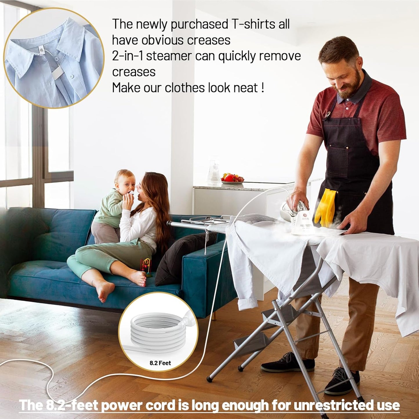 Steamer & Iron 2 in 1 for Clothes, Ceramic Panel, Intelligent Chip Controls Soft Steam (Tilting Not Spray Water), 250ml Water Tank, 8.2FT Power Cord,1000W Portable Handheld Steam Iron (white)