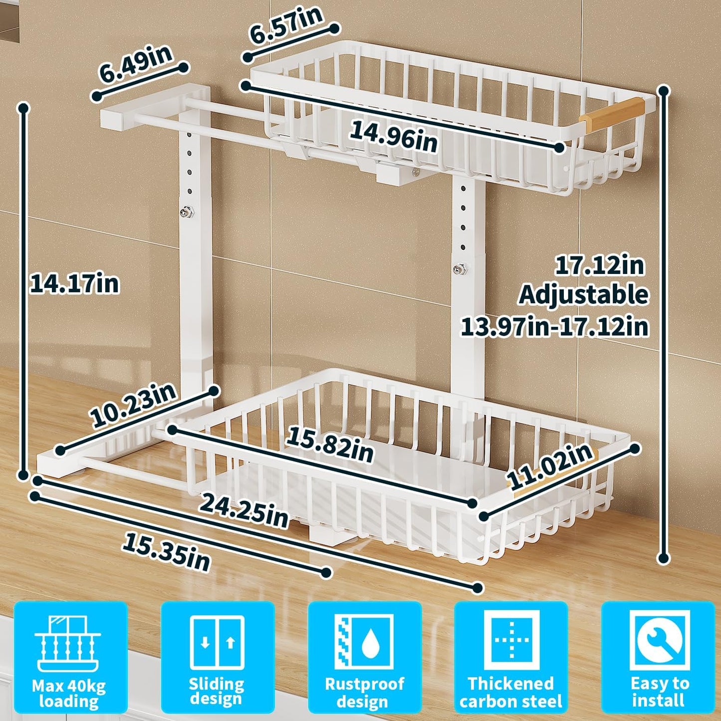 Under Sink Organizer, 2 Tier Slide Out Under Sink Organizers and Storage, Height Adjustable Pull out under cabinet storage, Metal Bathroom Kitchen Sink Organizer,2 Pack