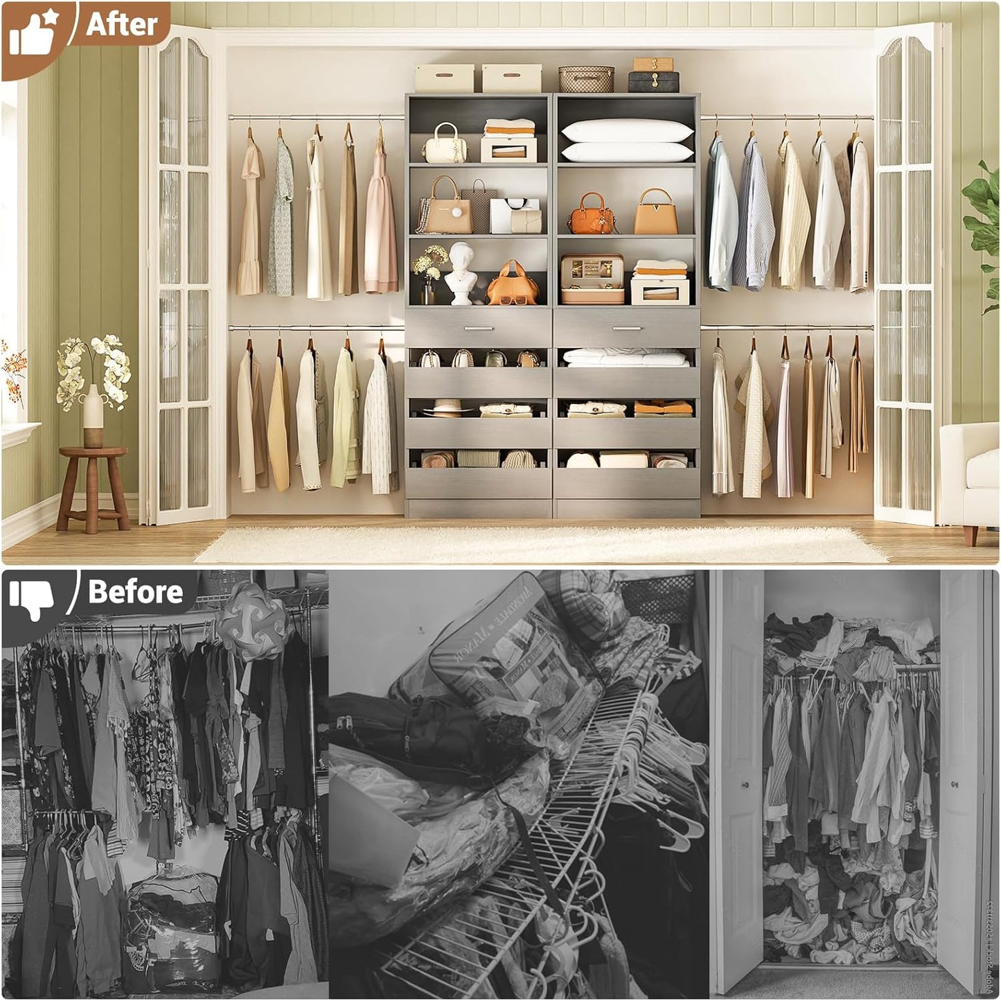 Aheaplus Closet System, 6-15Ft Closet Organizer with 8 Wooden Drawers, Wood Closet Organizer System with Tower, Walk-in Closet Organizer Wardrobe Garment Clothes Rack with 4 Hanging Rods, Grey