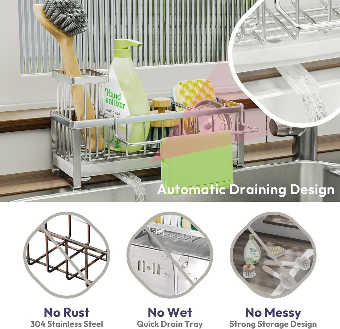 SWTYMIKI Sponge Holder for Kitchen Sink - Sink Caddy with Brush Holder Self-draining Sponge Caddy Organizer with Divider Stainless Steel Kitchen Accessories Storage for Countertop, Silver