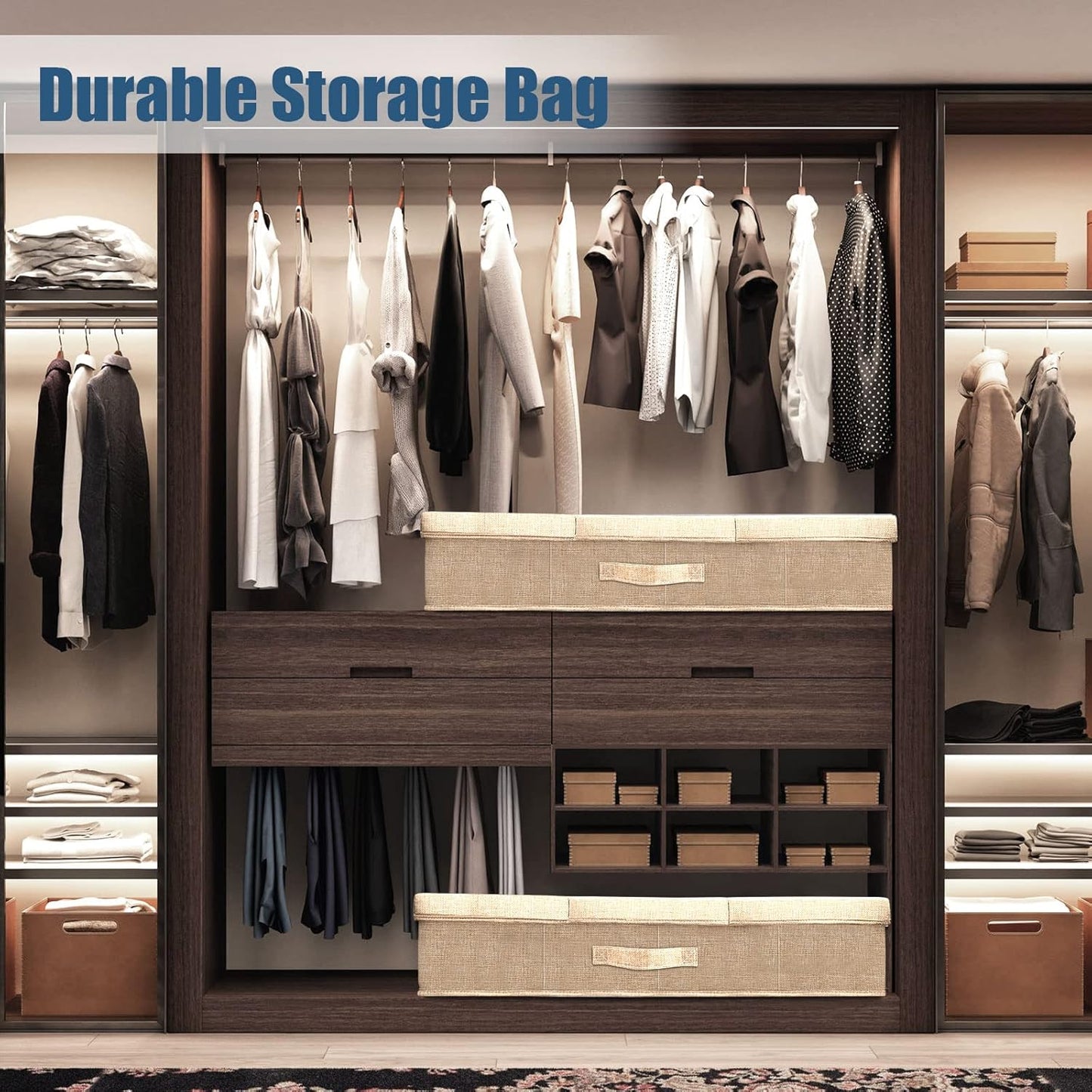 Underbed Storage Containers Bin with Lids (Set of 2) Large Under Bed Storage Organizer Box with Handle, Foldable Under the Storage Bags for Organizing Clothes, Shoes, Blankets, Pillows-Khaki