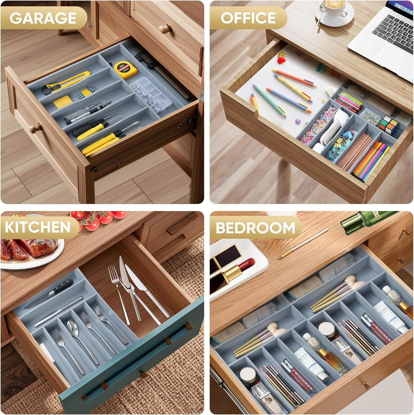 Silverware Organizer, 12.5 Inch Utensil Organizer Kitchen Drawer Organizer Bamboo Silverware Holder Cutlery Tray Organizer in Drawer Flatware Organizer Tray(7 slots, Gray)