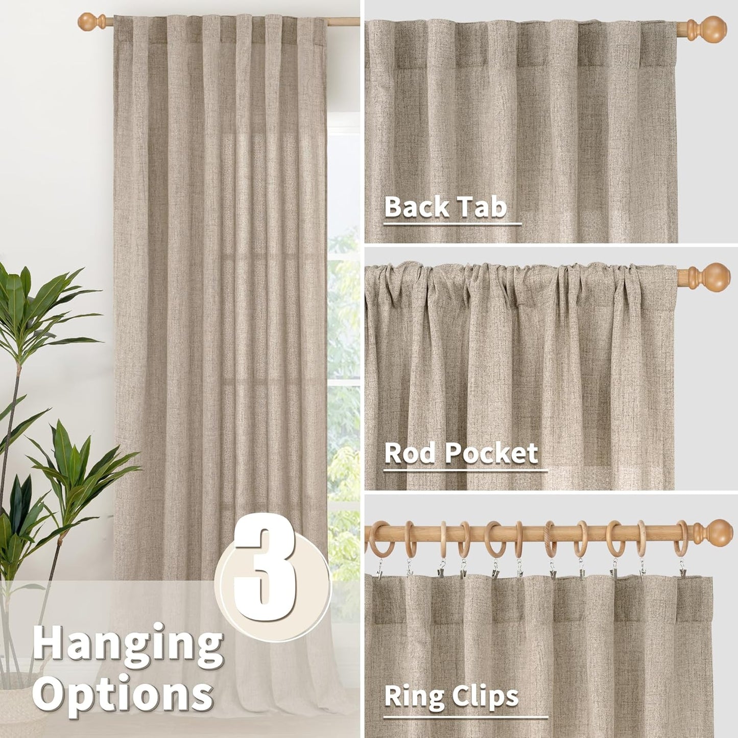 YoungsTex Dark Oatmeal Linen Curtains 48 Inch Length for Short Kitchen Window, Textured Semi Sheer Drapes Light Filtering with Rod Pocket Back Tab for Bathroom Living Room, 2 Panels, 42 X 48 Inch