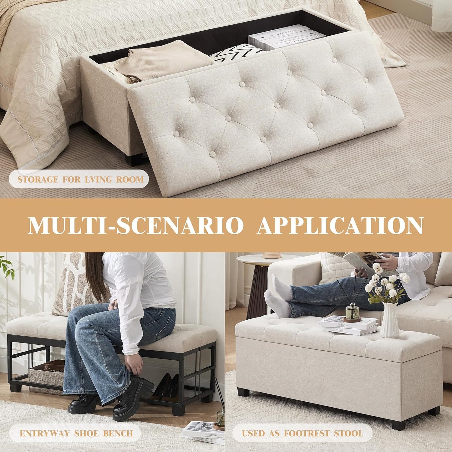 43’’ Storage Ottoman Bench, Linen Entryway Benches Load up to 660 Lb, Modern End of Bed Benches for Bedroom, Ottoman with Storage Bench for Living Room, Beige