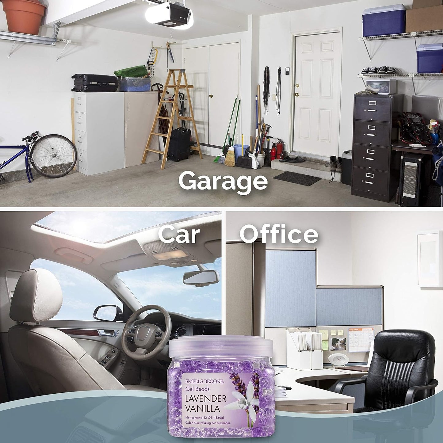 SMELLS BEGONE Odor Eliminator Gel Beads - 12 oz, Pack of 2 - Eliminates Odor in Bathrooms, Cars, Boats, RVs & Pet Areas - Air Freshener - Made with Essential Oils - Lavender Vanilla Scent