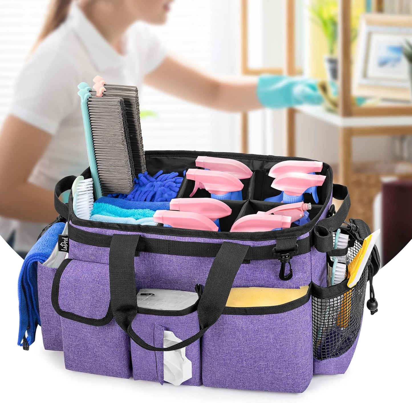 LoDrid Large Wearable Cleaning Caddy Bag with Detachable Divider, Cleaning Supply Tote Organizer with Handles and Adjustable Shoulder Strap for Cleaners & Housekeepers, Purple