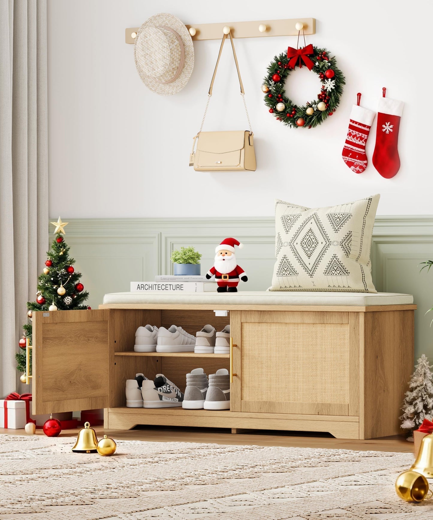 Zeibospri Rattan Shoe Storage Bench, 39.4" Wide Entryway Bench, Natural Oak