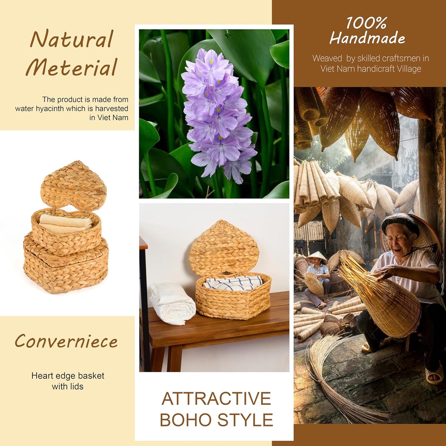 Set of 2 Heart Wicker Storage Bins with Lid, Small Rattan Basket Decorative Boxes, Multipurpose Organizer Display Boxes for Shelf Organizer, Boho Rattan Box for Home Decoration