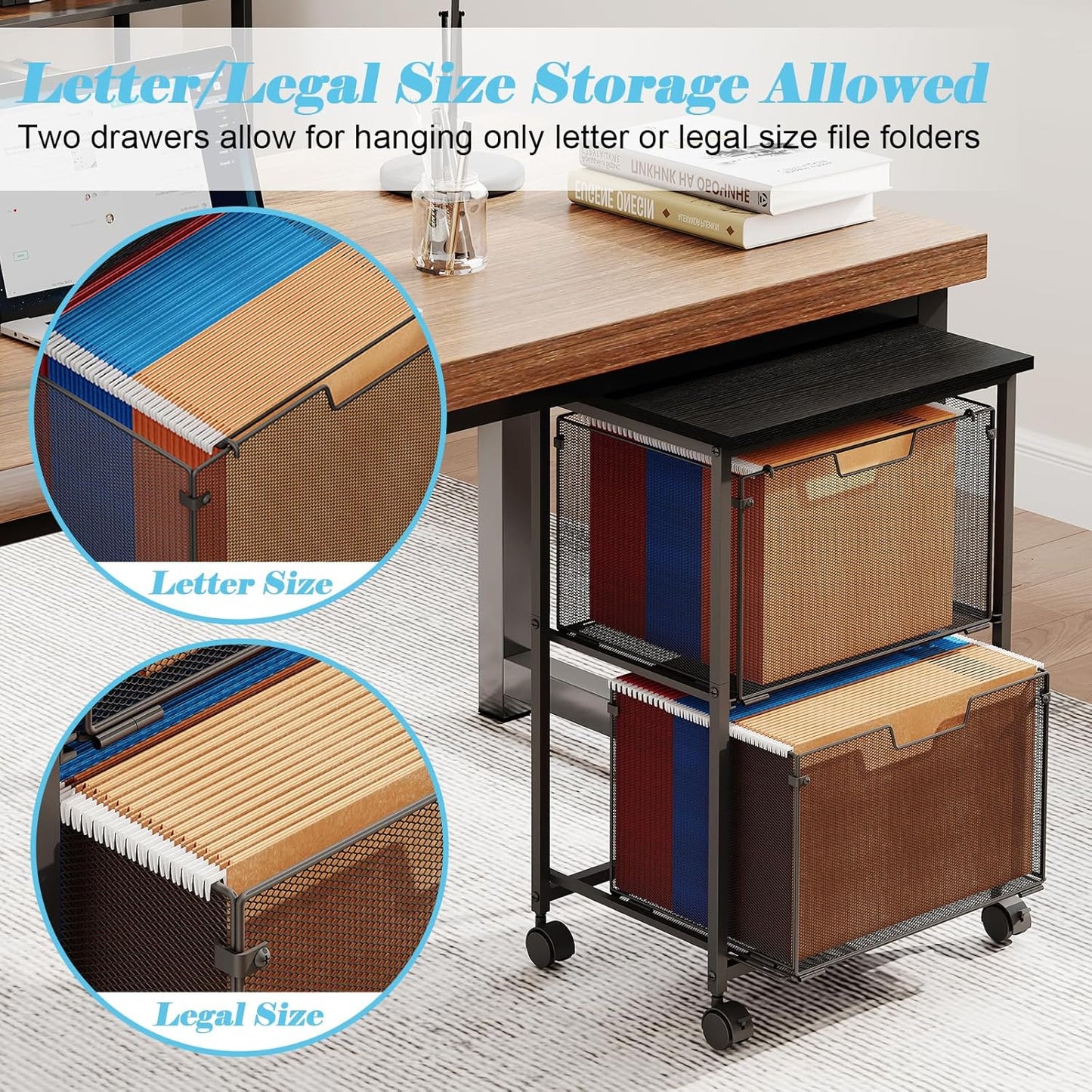 Letter/Legal Rolling File Cart with 2 Storage Drawers, Under Desk Storage, Vertical Filing Cabinet for Home Office, Hanging File Folders Organizer, Mobile Utility Cart Printer Stand, Black
