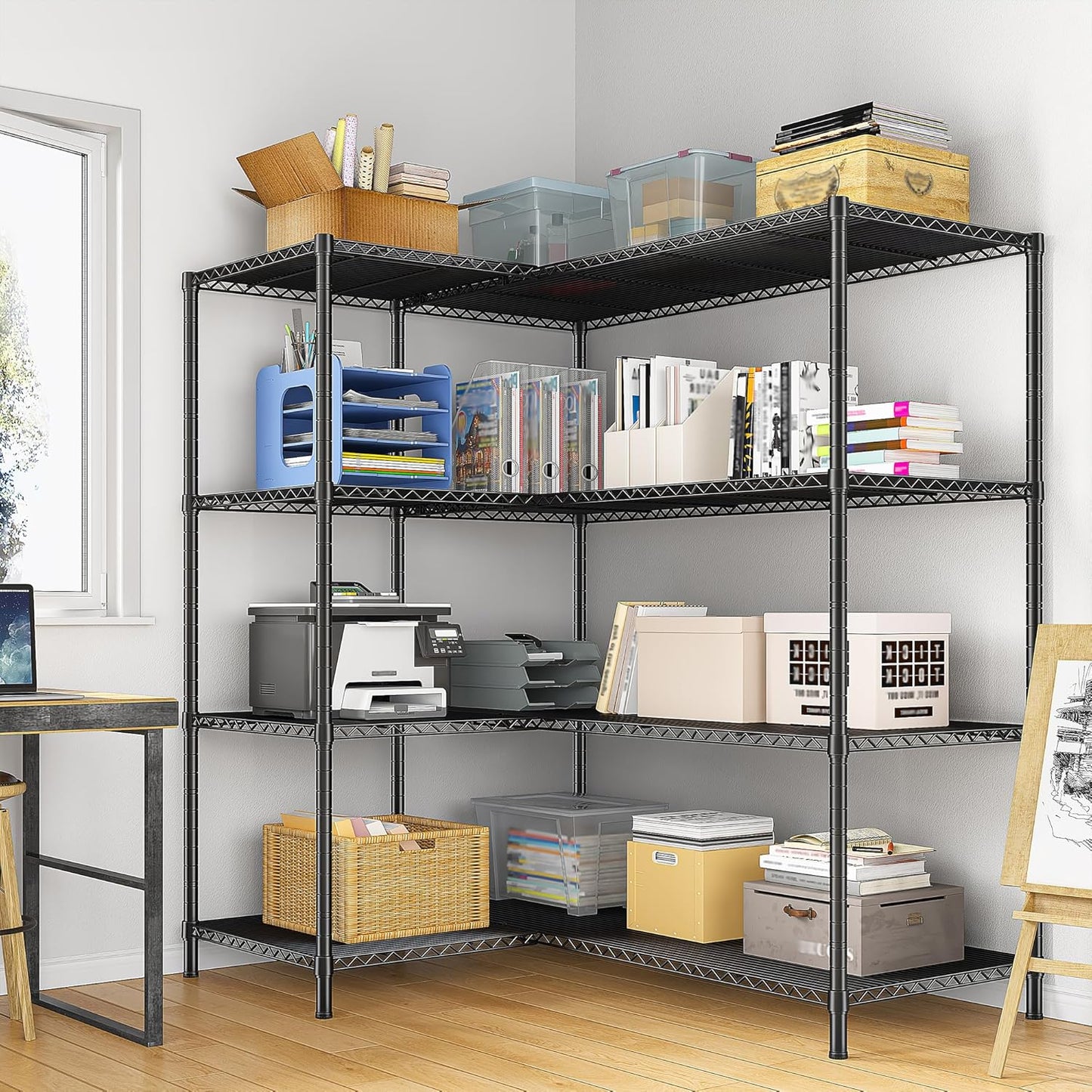 52.36''W Storage Shelves Metal Shelving Unit Load 1120LBS 4 Tier Wire Shelving for Storage Rack Adjustable Garage Shelving Heavy Duty for Pantry Kitchen Garage,52.36Wx13.78Dx59H