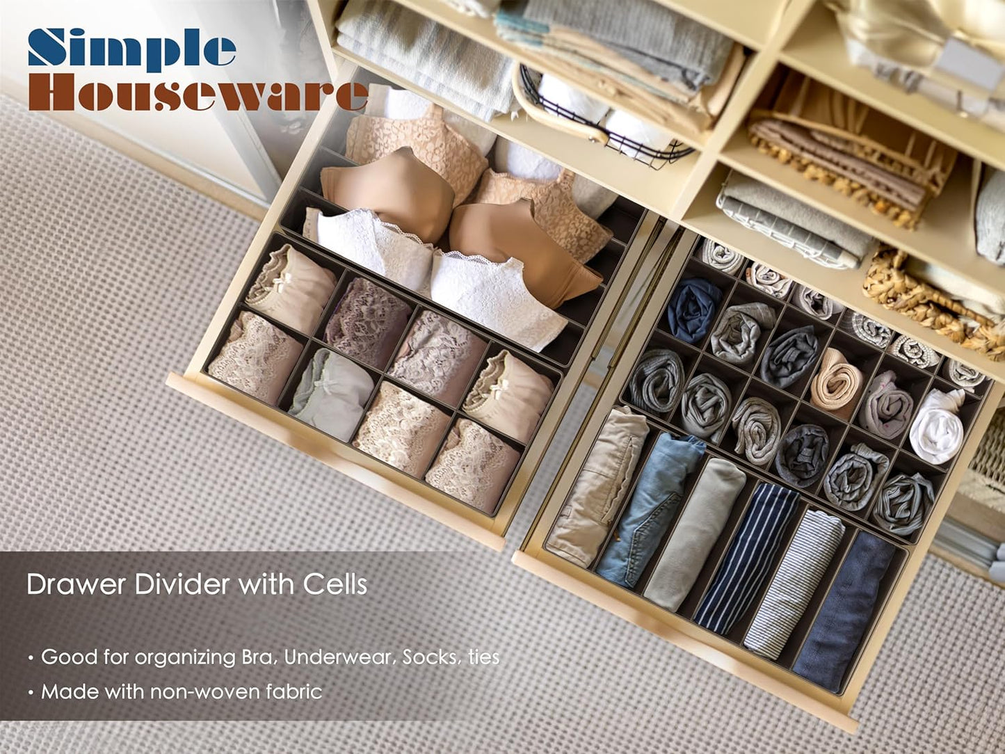 Simple Houseware 4-Pack Drawer Organizer Set - Closet Dividers for Underwear, Socks, Bras, Scarves, Ties - Foldable Non-Woven Storage Boxes, Brown