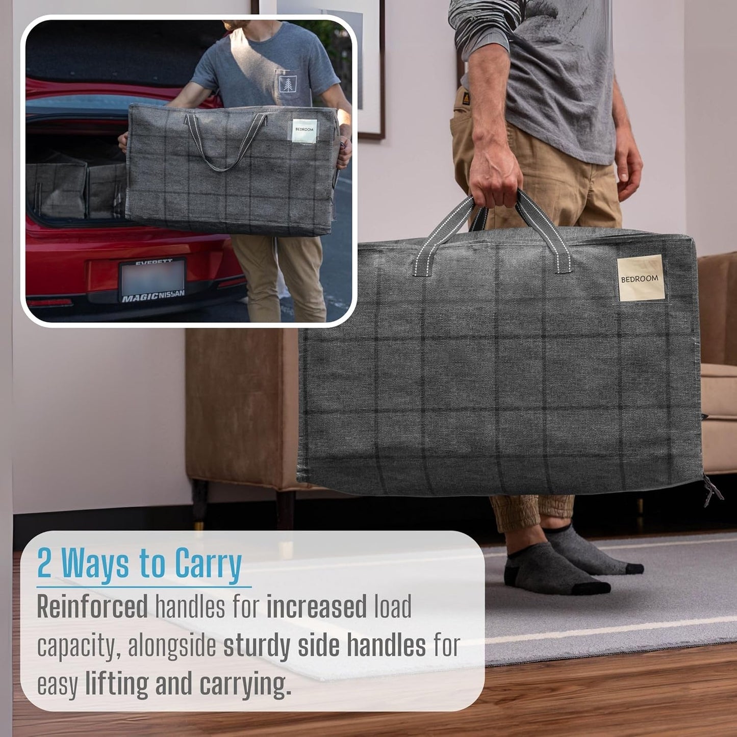 VENO 8 Pack Moving and Storage Bags, Heavy Duty, Alternative to Moving Boxes, Large Packing Totes Supplies for College Dorm Room with Zipper for Clothes, Wide Open Design (Windowpane, 8 Pack)