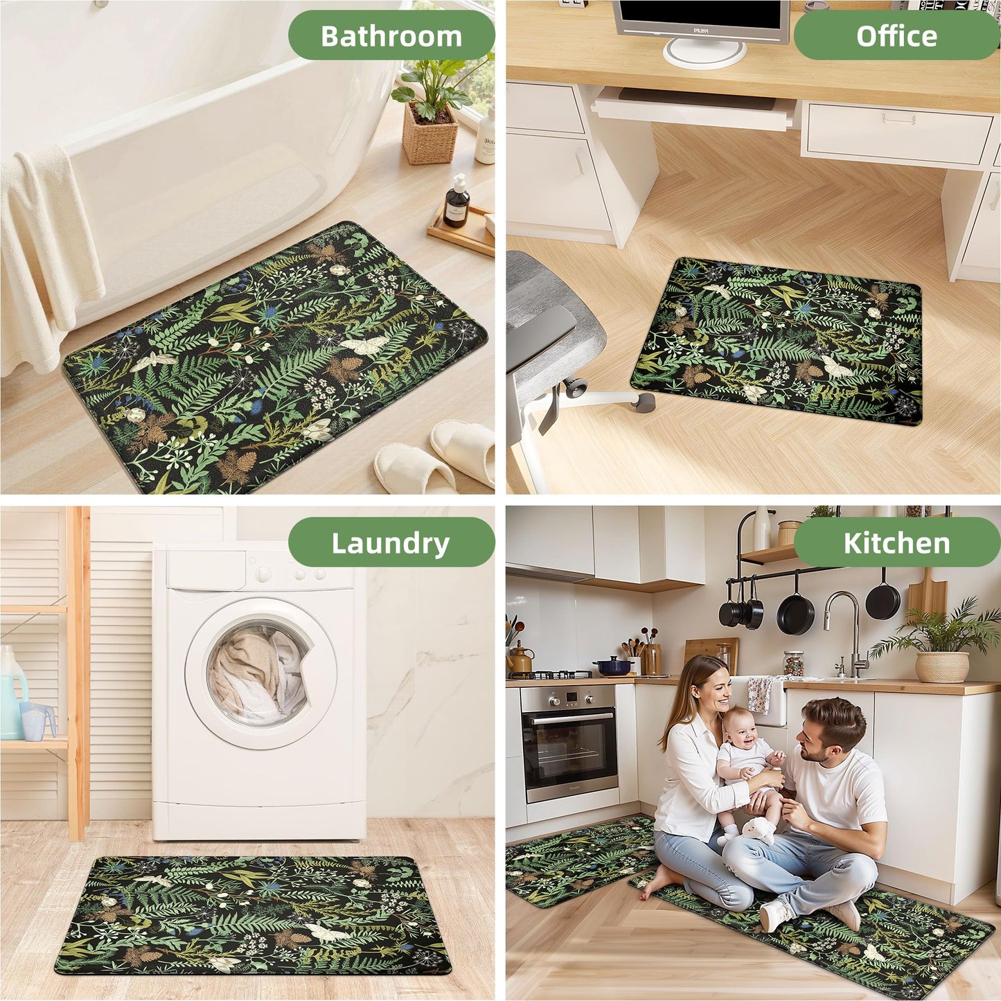 2 PCS Botanical Kitchen Rugs Set, Black Green, 17.3"x28" + 17.3"x47"