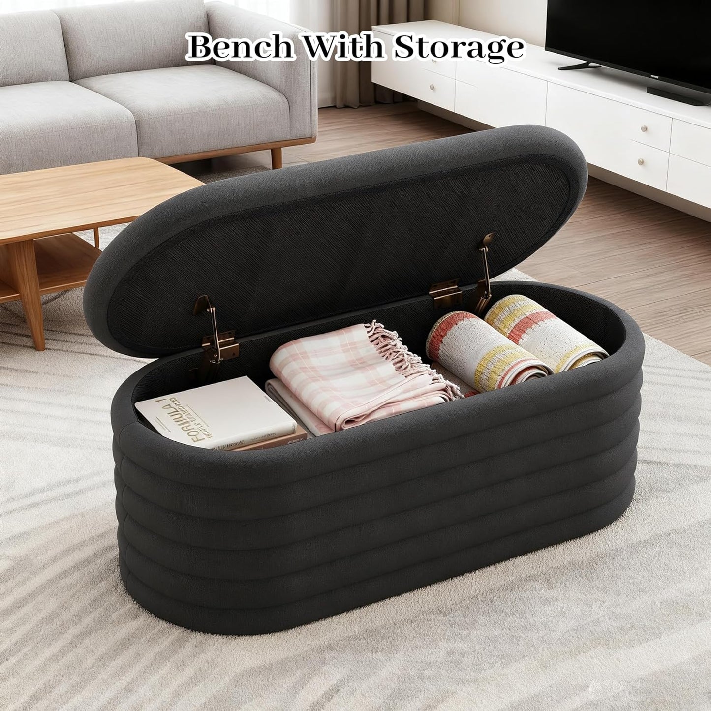 Storage Ottoman Bench, 40" Storage Bench, Upholstered Fabric Storages Benches End of Bed Stool with Safety Hinge, Shoe Storages Benches for Bedroom, Living Room, Entryway, Closet, Black