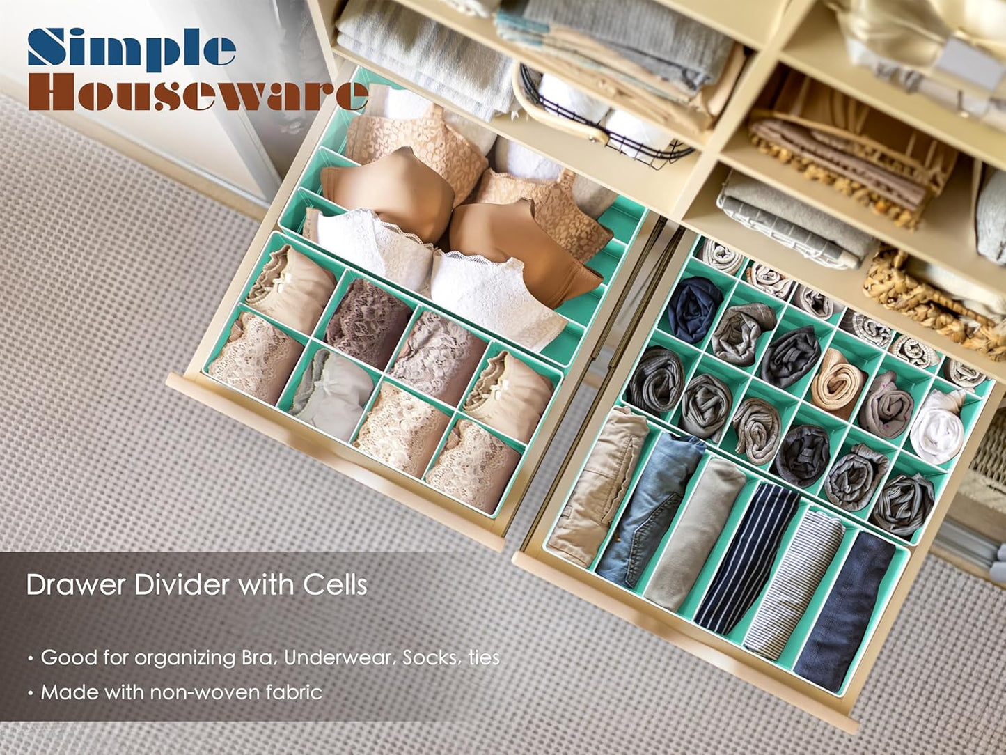 Simple Houseware 4-Pack Drawer Organizer Set - Closet Dividers for Underwear, Socks, Bras, Scarves, Ties - Foldable Non-Woven Storage Boxes, Turquoise