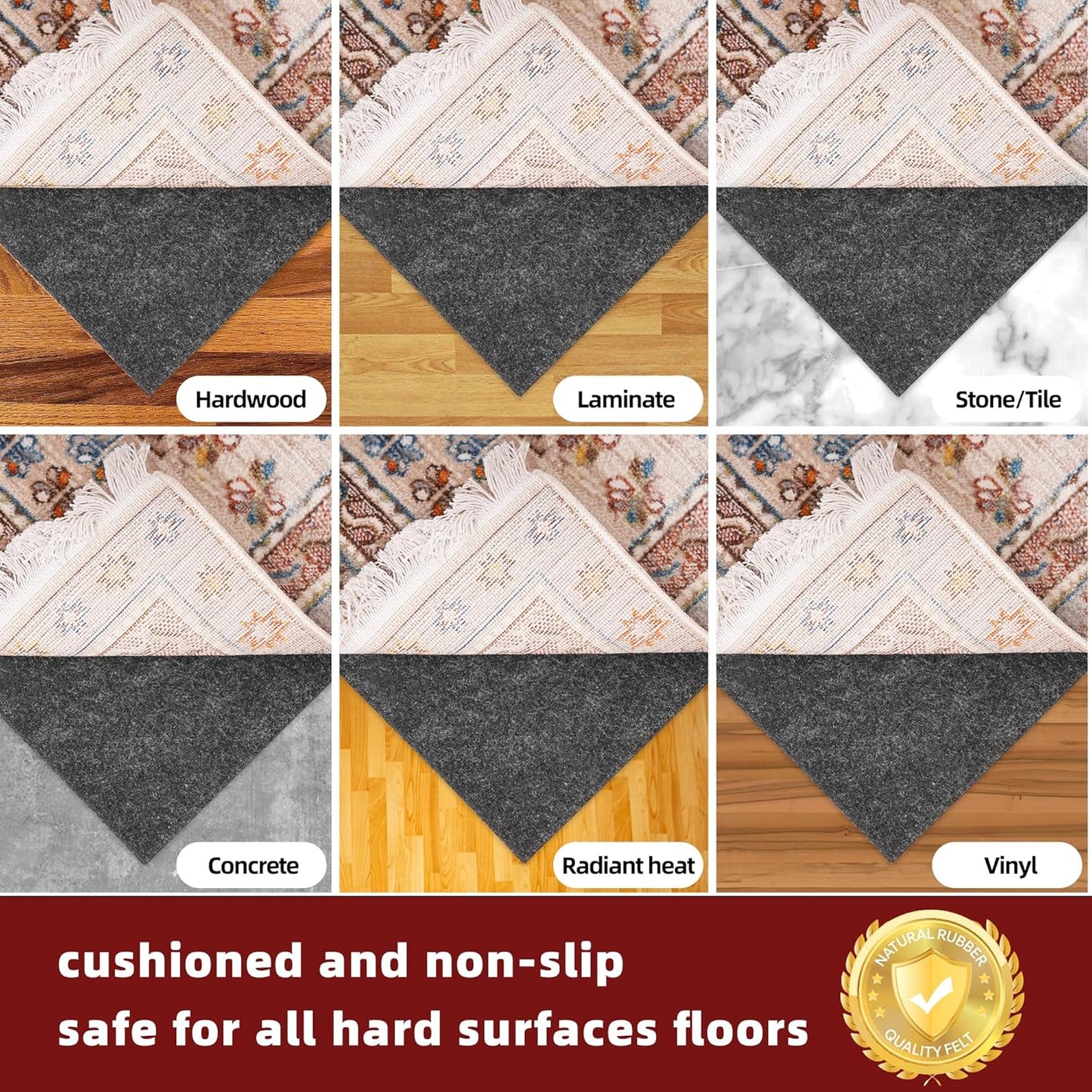 BAGAIL Felt and Natural Rubber Backing Rug Pads 1/4” Thick, 4 x 6 Ft Non Slip Carpet Gripper Keep Rugs in Place, Under Area Rug Protective Cushioned Pads, Carpet Runners, Hardwood Floors Protection