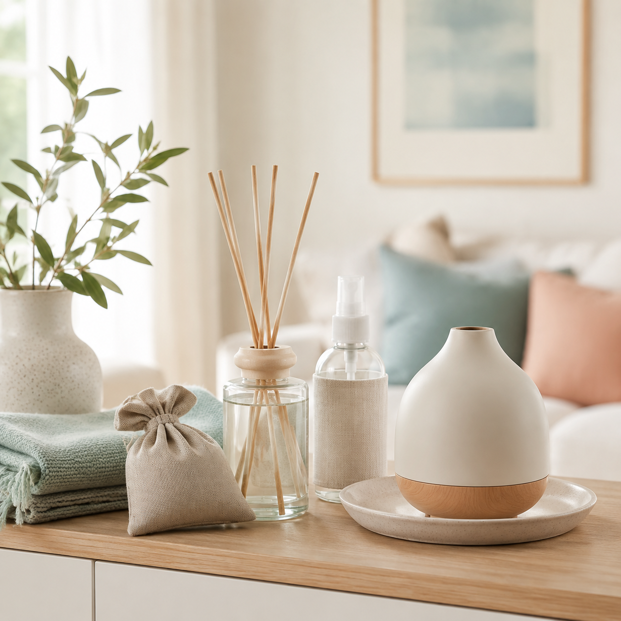 Reed diffuser, linen mist and home fragrance accessories on a calm console