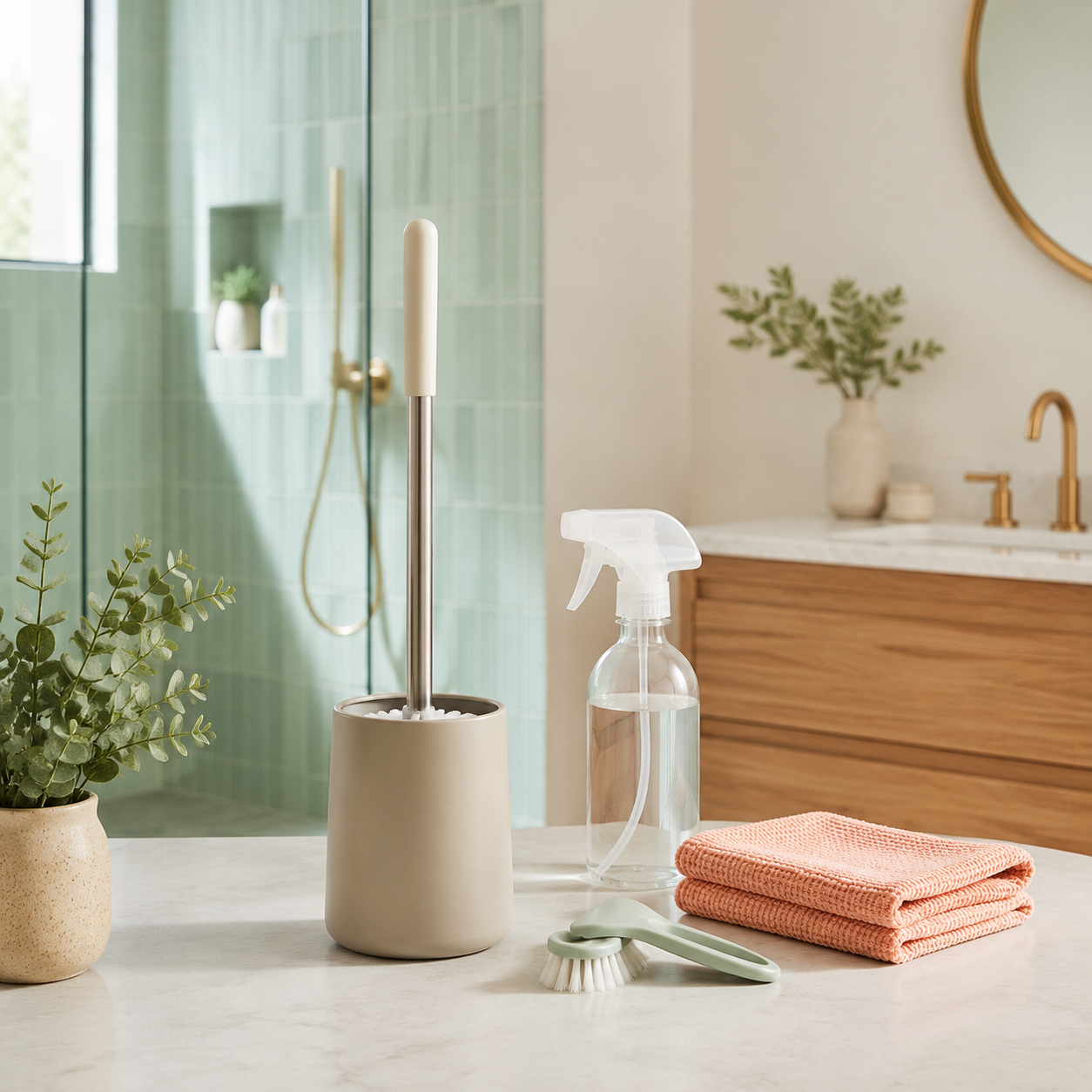 Bathroom cleaning brushes, cloth and spray bottle in a modern bathroom